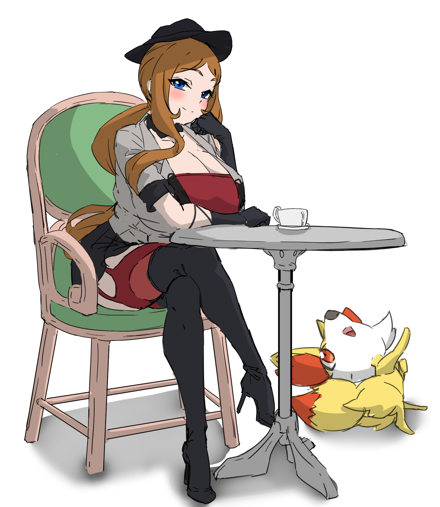 hizakake, fennekin, serena (pokemon), pokemon, pokemon xy, 1girl, alternate costume, breasts, gen 6 pokemon, huge breasts, pokemon (creature)