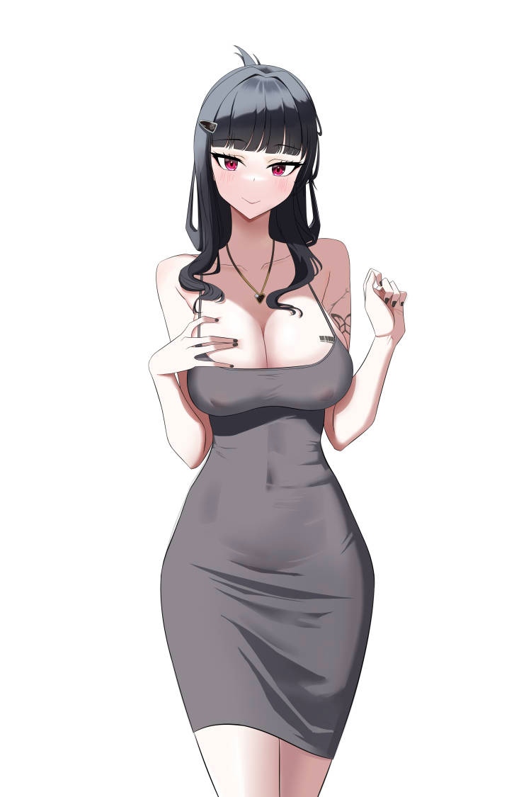 rain sorrow, 1girl, armpit crease, barcode, barcode tattoo, bare shoulders, black hair, blunt bangs, blush, breasts, cleavage, dress, hair ornament, hair over shoulder, hairclip, hand on own chest, hands up, large breasts, nail polish, red eyes, simple background, smile, solo, spaghetti strap, tattoo, white background, wide hips