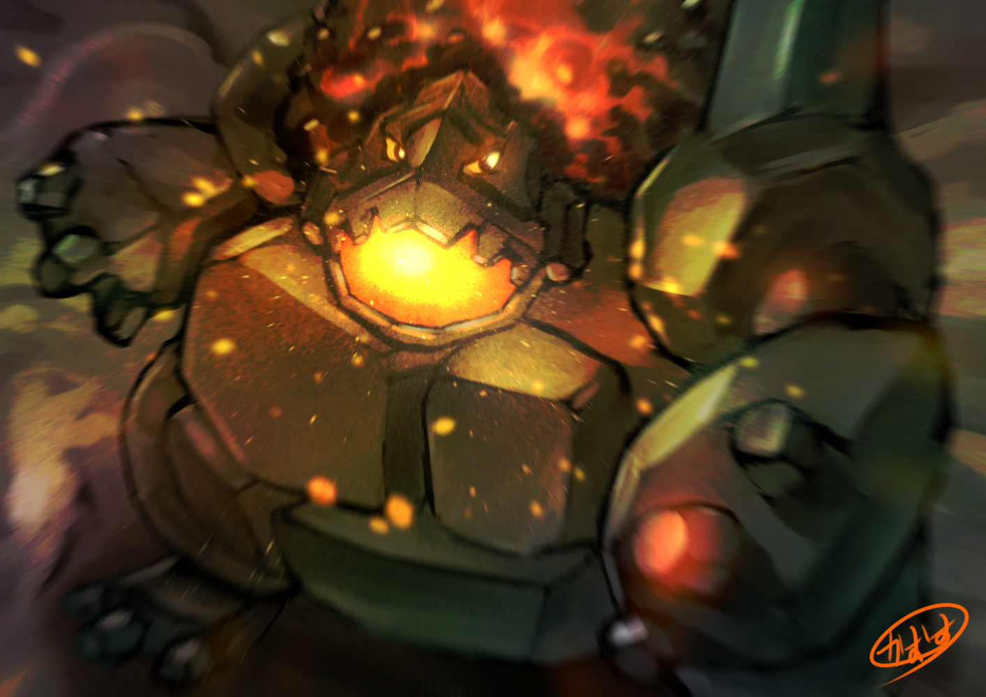 kaosu (kaosu0905), coalossal, nintendo, pokemon, commentary request, blurry, embers, gen 8 pokemon, glowing hot, glowing mouth, no humans, open mouth, pokemon (creature), pokemon focus, signature, solo