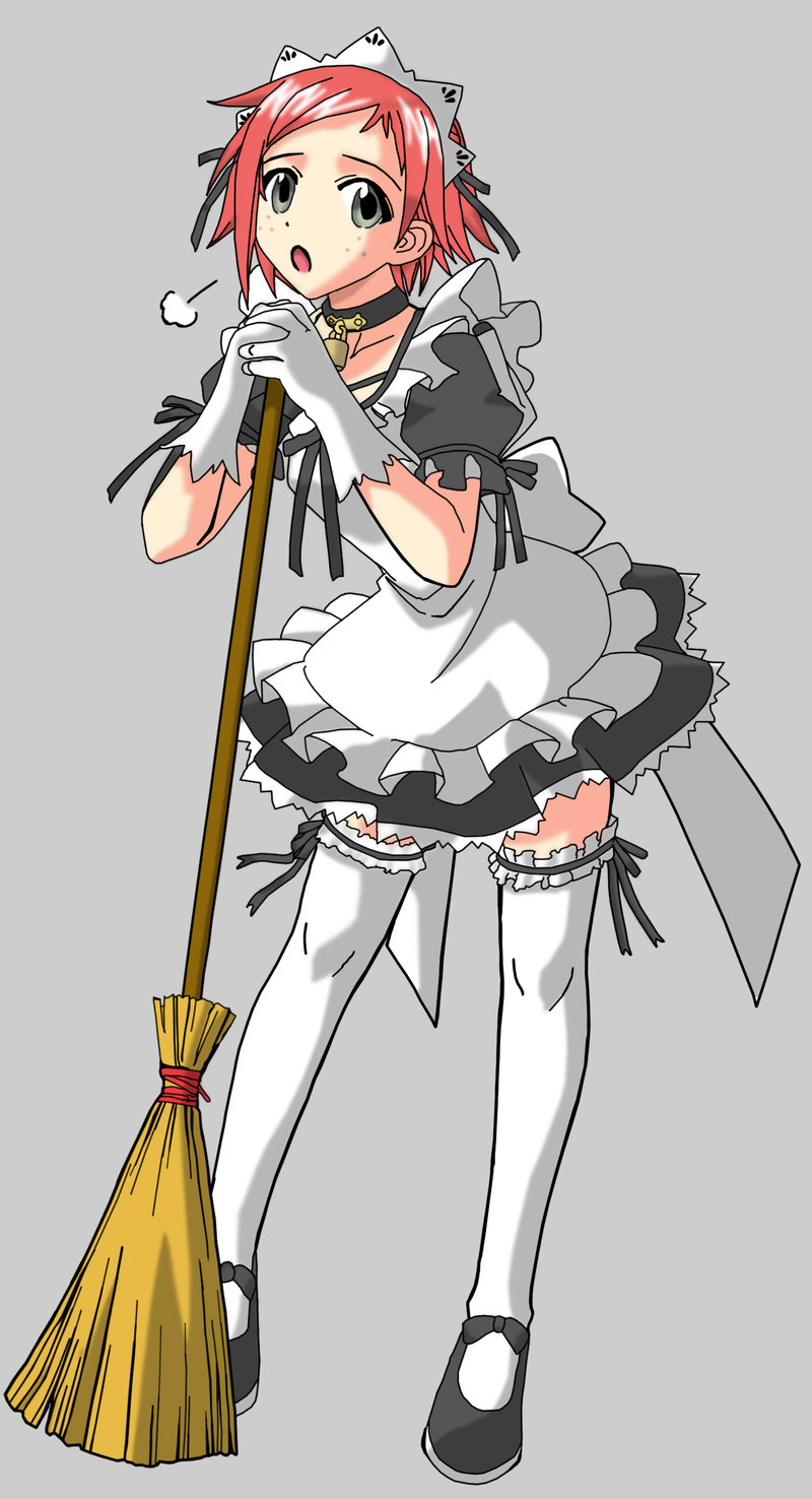 murakami natsumi (negima), mahou sensei negima!, derivative work, highres, 00s, 1girl, broom, collar, female focus, gloves, lock, maid, padlock, padlocked collar, solo, thighhighs, white thighhighs, zettai ryouiki