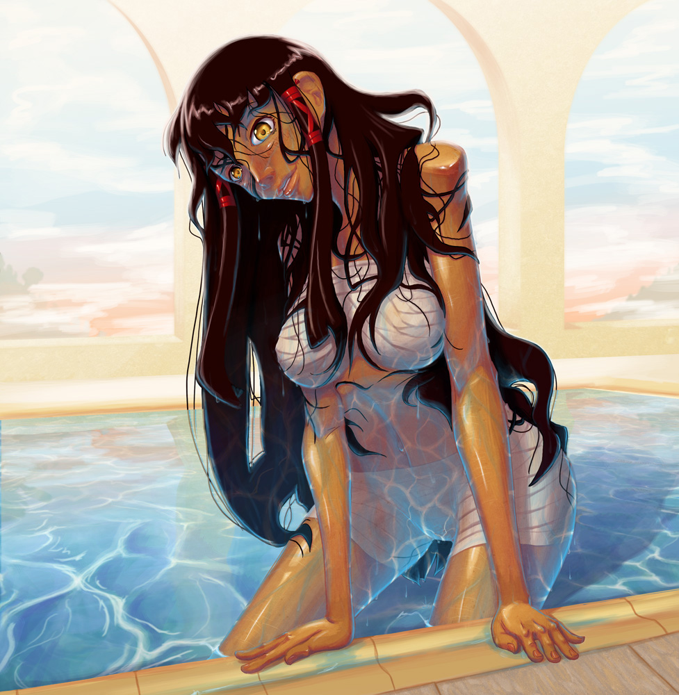 tatsumiya mana, mahou sensei negima!, 00s, 1girl, bandages, black hair, caustics, crazy eyes, dark-skinned female, dark skin, female focus, lips, long hair, pool, solo, water, wet, wet hair, yellow eyes