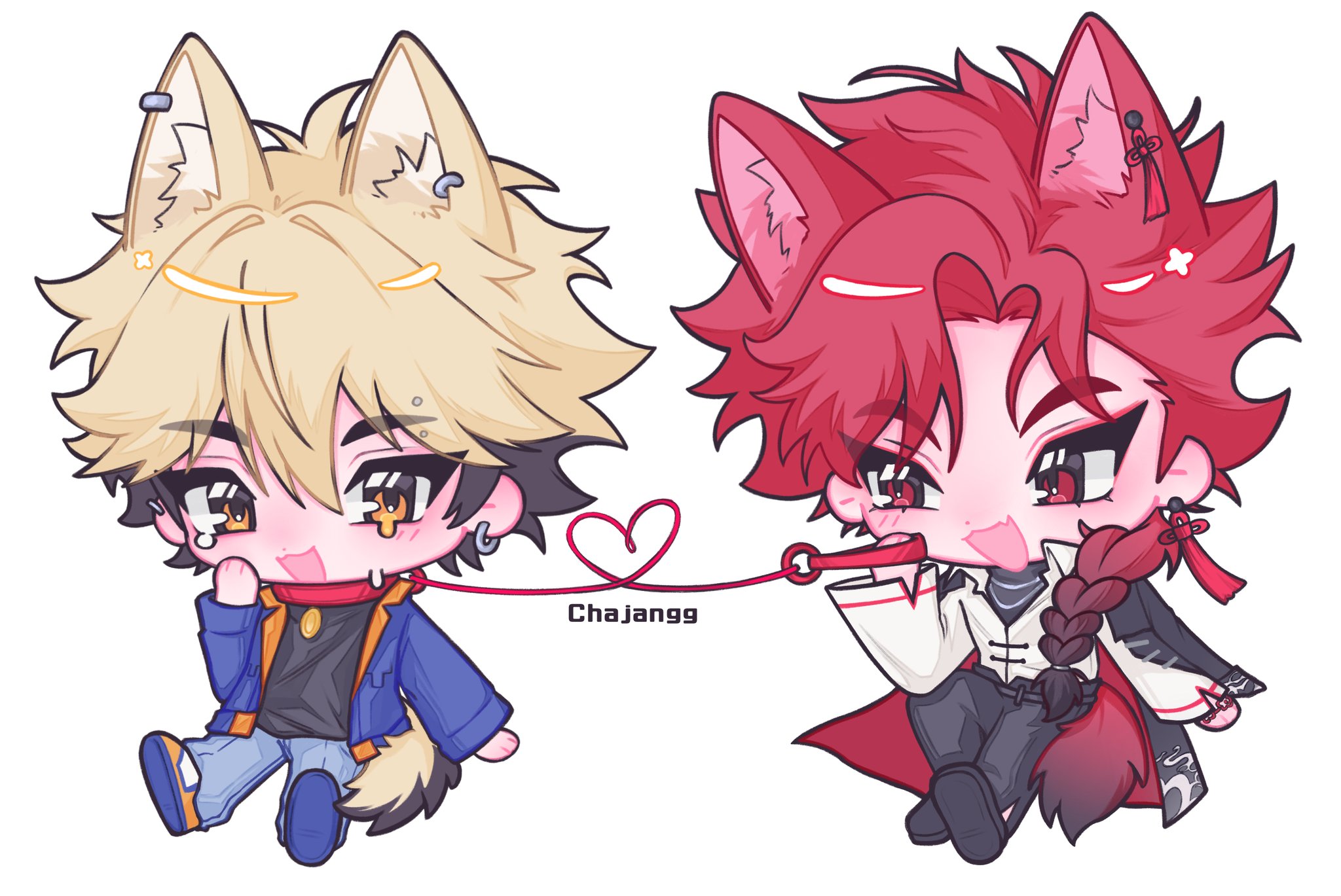 xia fei, xiao weiying, shiguang dailiren, commentary, english commentary, highres, 2boys, :3, animal ear piercing, animal ears, blonde hair, blue jacket, chajangg1, chibi, chibi only, coat, coat on shoulders, collar, earrings, eyebrow piercing, eyeshadow, face piercing, full body, hair between eyes, hand on own cheek, hand on own face, heart, holding, holding leash, jacket, jewelry, kemonomimi mode, leash, long hair, long sleeves, looking at another, looking at viewer, makeup, male focus, multiple boys, open clothes, open jacket, orange eyes, parted bangs, piercing, red collar, red eyes, red eyeshadow, red hair, simple background, single earring, sitting, smile, tail, tassel, tassel earrings, tearing up, white background