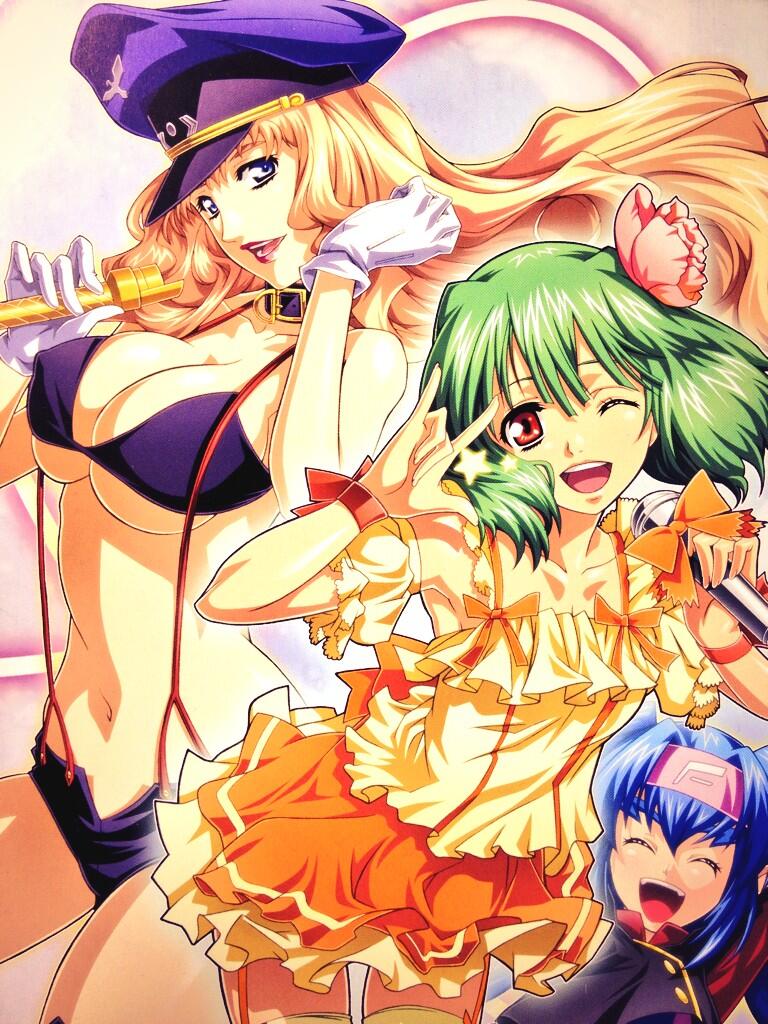 yokota mamoru, klan klein, ranka lee, sheryl nome, macross, macross frontier, 3girls, blonde hair, blue eyes, blue hair, breasts, cleavage, dress, earrings, gloves, green hair, jewelry, large breasts, long hair, looking at viewer, multiple girls, one eye closed, open mouth, red eyes, short hair, smile, thighhighs, yellow thighhighs
