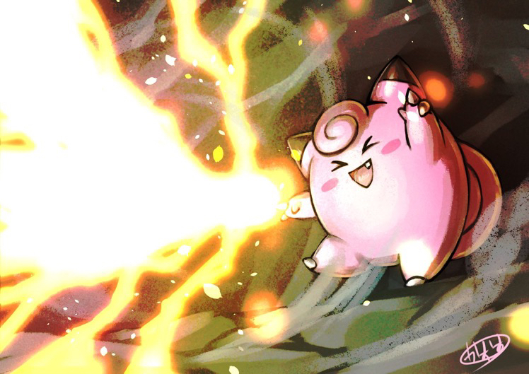 kaosu (kaosu0905), clefairy, nintendo, pokemon, commentary request, > <, blush, blush stickers, closed eyes, energy beam, fang, full body, gen 1 pokemon, hyper beam (pokemon), metronome (pokemon), no humans, open mouth, pokemon (creature), pokemon focus, pokemon move, signature, smile, solo