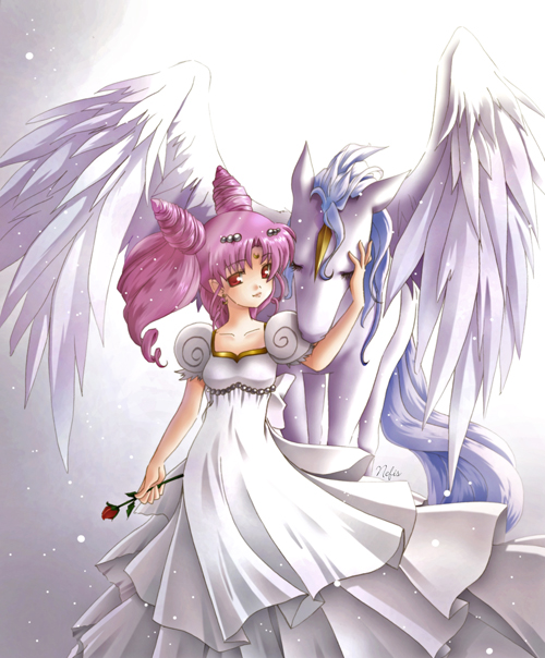 nefis, chibi usa, helios (sailor moon), pegasus (sailor moon), small lady serenity, bishoujo senshi sailor moon, bishoujo senshi sailor moon supers, 1990s (style), 1girl, child, cone hair bun, crescent, crescent facial mark, double bun, facial mark, flower, hair bun, pegasus, pink hair, retro artstyle, rose, twintails, white theme, wings