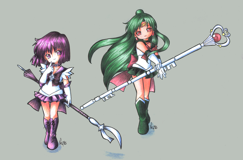 nefis, meiou setsuna, sailor pluto, sailor saturn, tomoe hotaru, bishoujo senshi sailor moon, black neckwear, purple footwear, 1990s (style), 2girls, black bow, bob cut, boots, bow, brooch, chibi, choker, circlet, earrings, elbow gloves, garnet rod, gloves, green hair, hair bun, half updo, holding, holding behind back, holding polearm, holding polearm behind back, holding spear, holding weapon, holding weapon behind back, jewelry, knee boots, long hair, magical girl, multiple girls, outer senshi, polearm, purple eyes, purple hair, purple skirt, red eyes, retro artstyle, rod, sailor senshi, silence glaive, simple background, single hair bun, skirt, smile, spear, staff, star brooch, weapon, white gloves