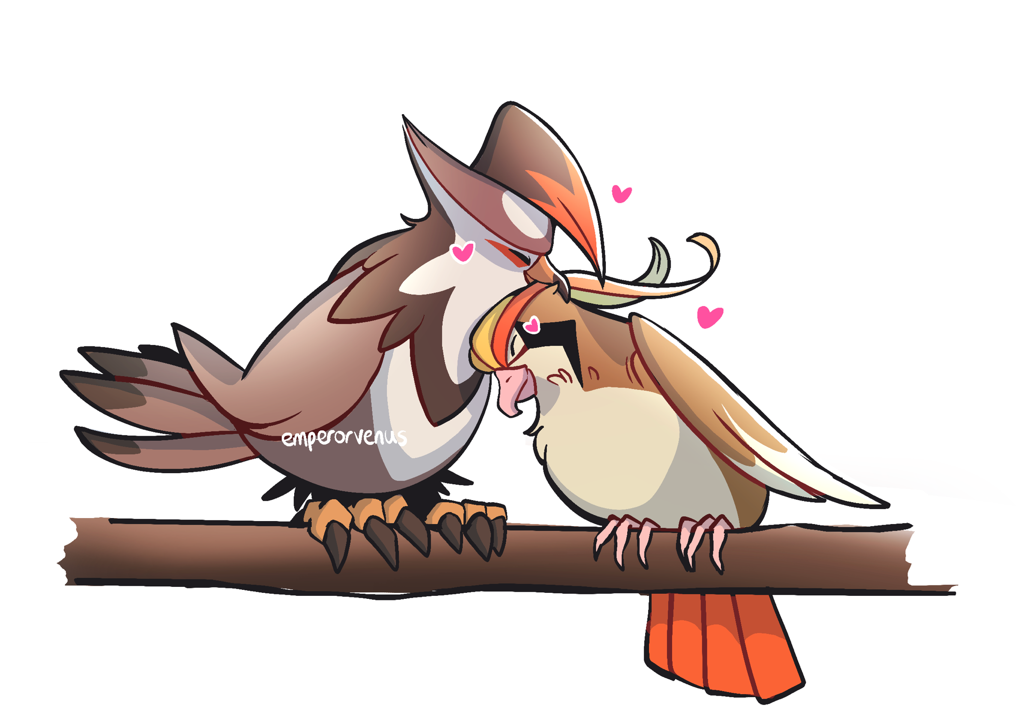 pidgeot, staraptor, nintendo, pokemon, highres, artist name, beak, bird, branch, closed eyes, emperorvenus, gen 1 pokemon, gen 4 pokemon, heart, no humans, pokemon (creature), simple background, white background