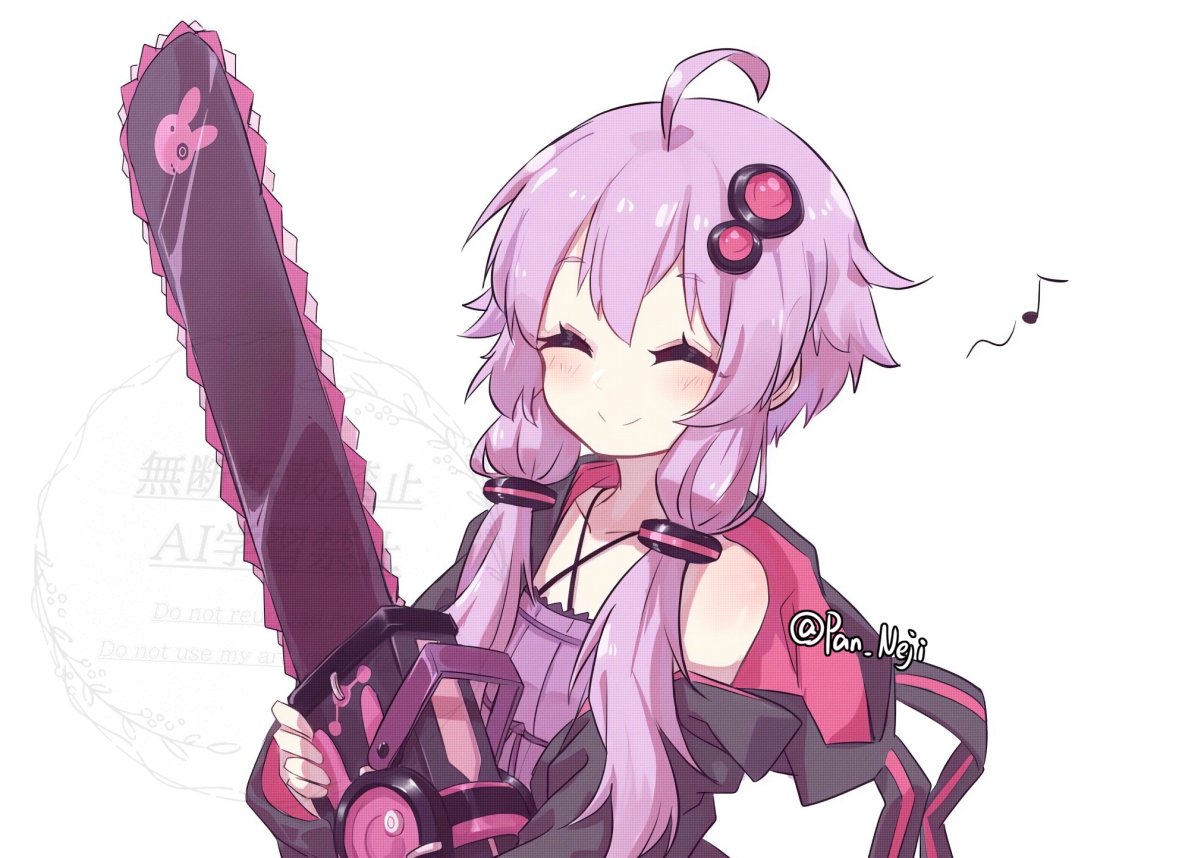 nejikyuu, yuzuki yukari, vocaloid, voiceroid, commentary, 1girl, ^ ^, ahoge, animal ears, animal hood, black jacket, blush, chainsaw, closed eyes, closed mouth, collarbone, criss-cross halter, dress, eighth note, fake animal ears, hair between eyes, hair ornament, halterneck, holding, hood, hood down, hooded jacket, jacket, long hair, long sleeves, musical note, open clothes, open jacket, purple dress, purple hair, rabbit ears, rabbit hood, short hair with long locks, sidelocks, simple background, sleeves past wrists, smile, solo, twitter username, upper body, white background