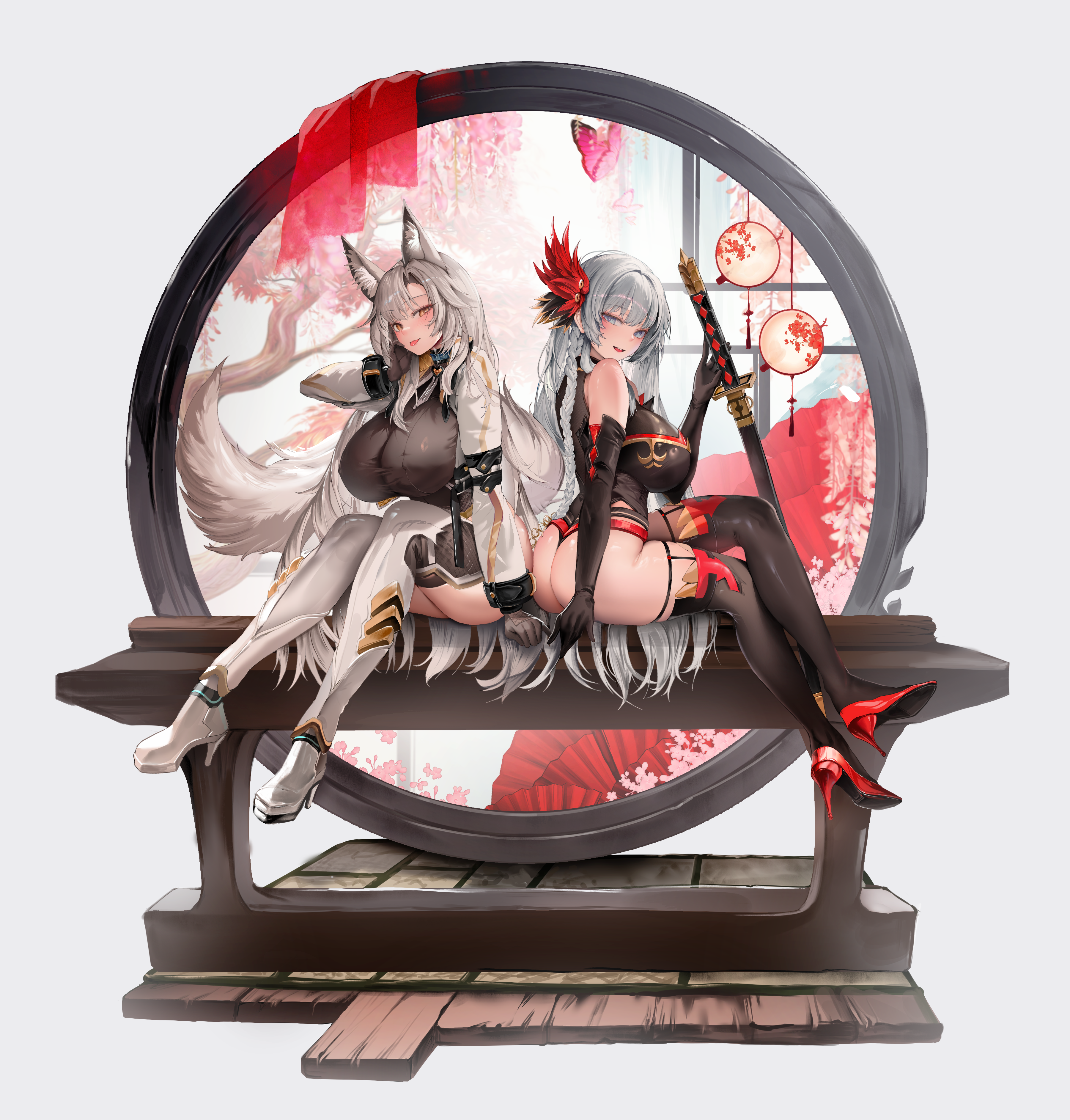 zerocat, original, absurdres, highres, 2girls, animal ear fluff, animal ears, ass, blue eyes, blue hair, breasts, brown eyes, crossed legs, elbow gloves, fox ears, fox girl, full body, gloves, grey hair, high heels, holding, holding sword, holding weapon, huge breasts, long hair, long sleeves, multiple girls, shrug (clothing), sitting, sword, thighhighs, thighs, tongue, tongue out, very long hair, weapon