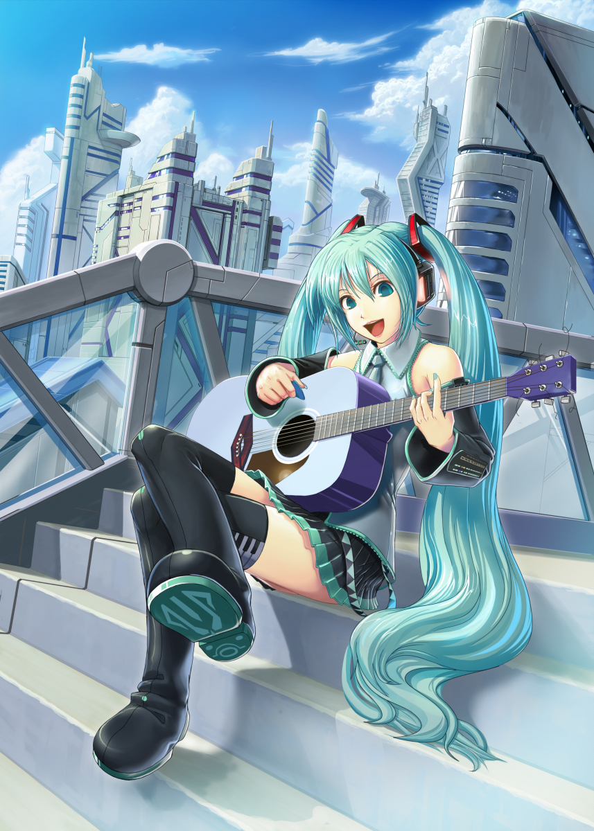 hi-ho-, hatsune miku, vocaloid, highres, 1girl, :d, acoustic guitar, aqua eyes, aqua hair, city, cloud, crossed legs, day, detached sleeves, female focus, guitar, instrument, legs, long hair, microphone, necktie, open mouth, plectrum, sitting, sitting on stairs, skirt, sky, smile, solo, stairs, thighhighs, twintails, very long hair, zettai ryouiki