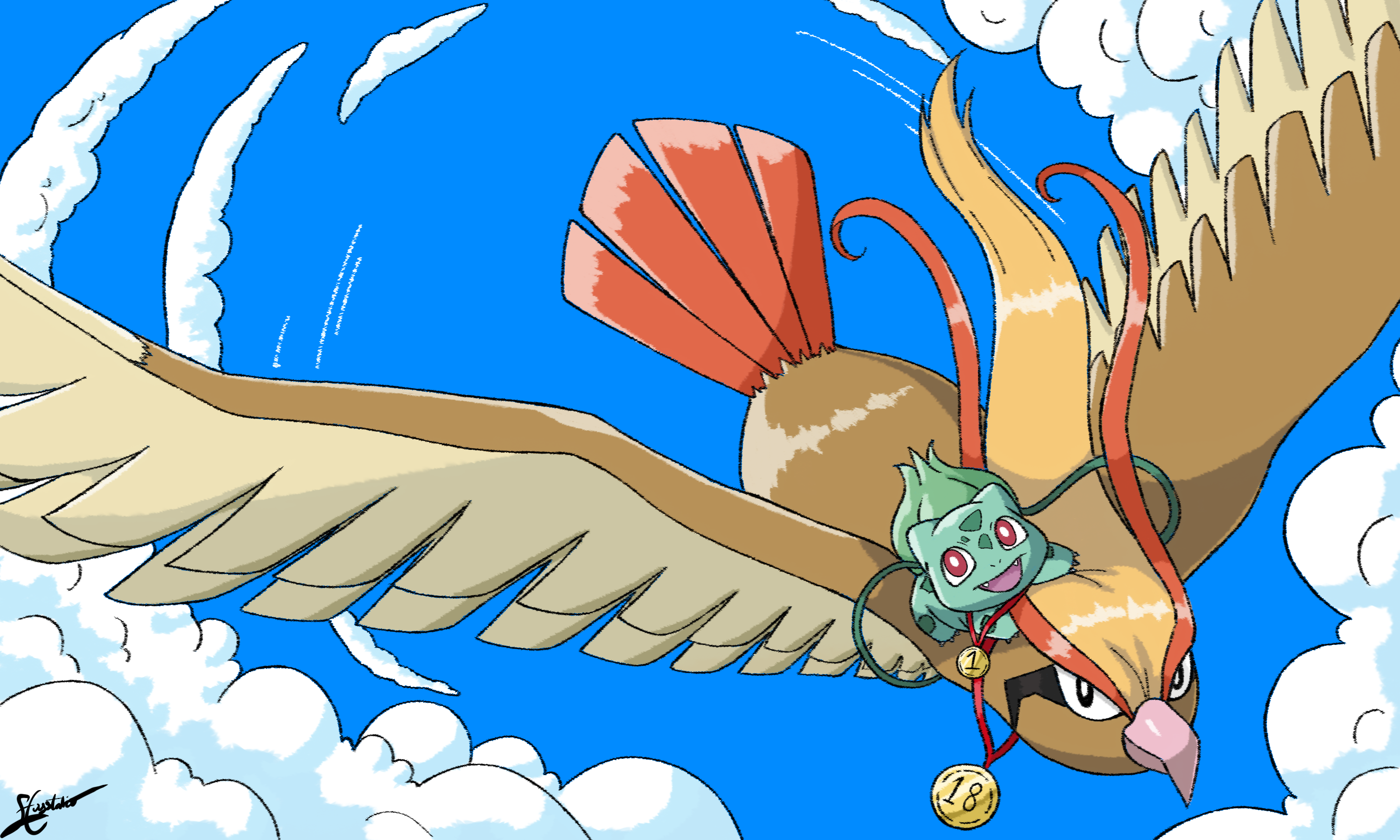 bulbasaur, pidgeot, nintendo, pokemon, highres, beak, bird, blue sky, cloud, colored skin, day, ecrystalica, flying, gen 1 pokemon, green skin, looking at viewer, medallion, no humans, open mouth, outdoors, pokemon (creature), red eyes, sky