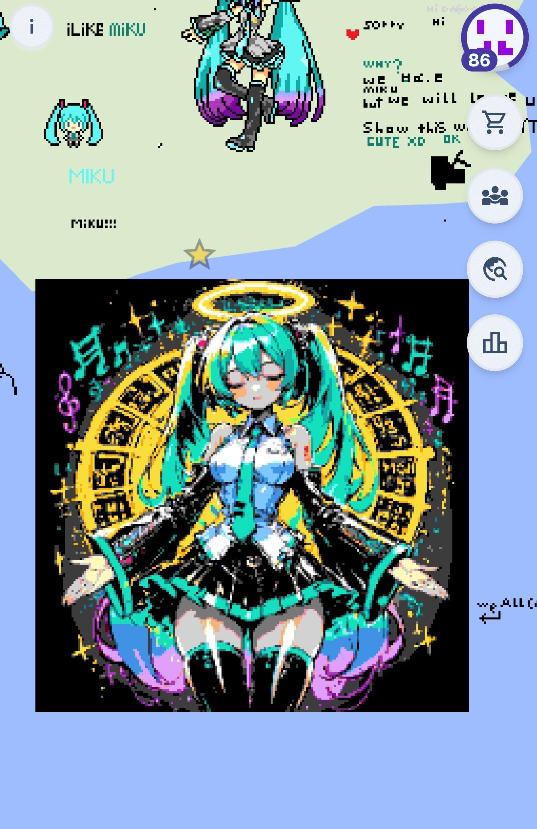 hatsune miku, hatsune miku (vocaloid3), hatsune miku (vocaloid4), worldwide miku, vocaloid, wplace, highres, @rainowor, angel, blue hair, pixel art, rainowor, twintails