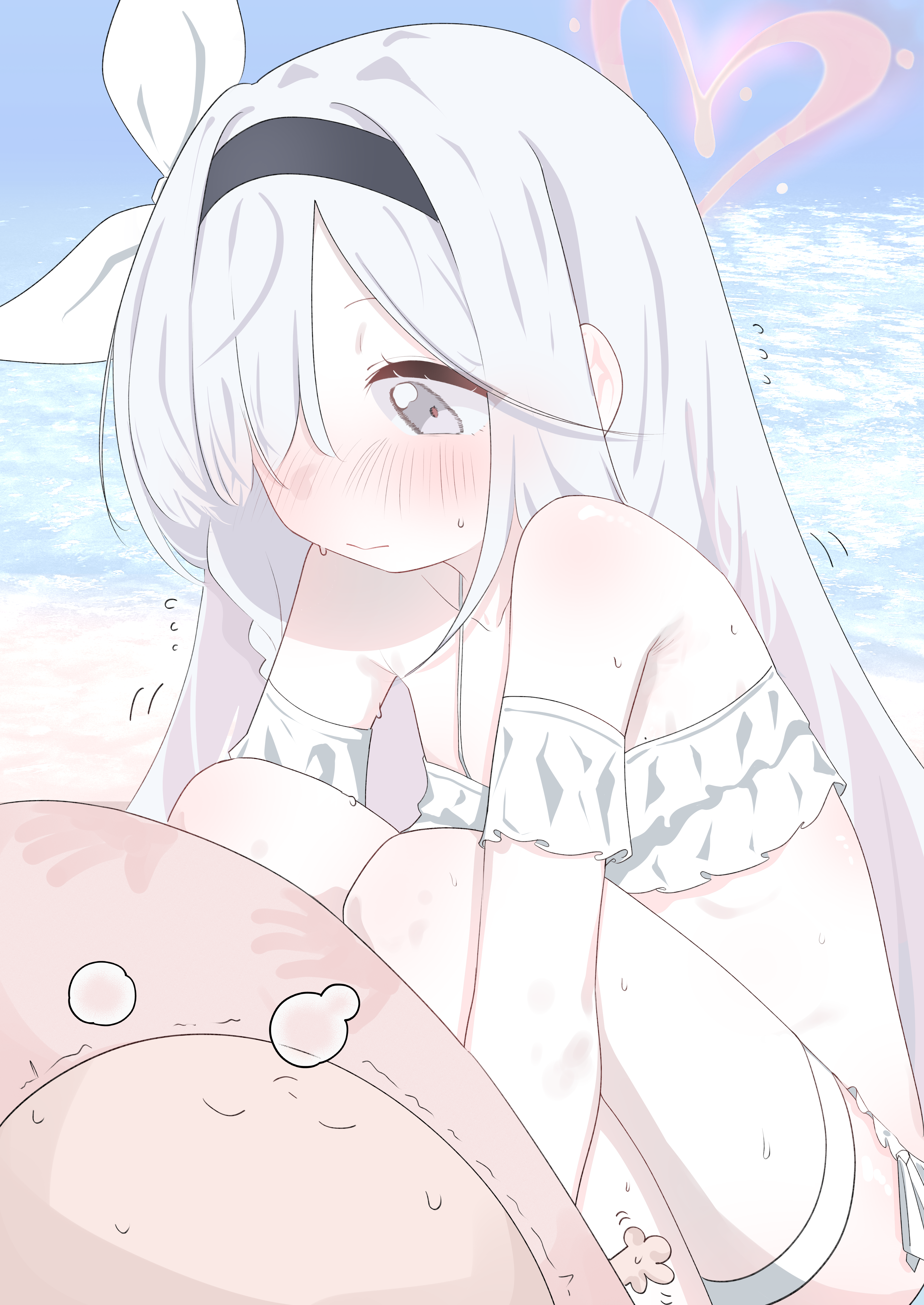 sharp to sharp, doodle sensei (blue archive), plana (blue archive), sensei (blue archive), blue archive, bad link, 1boy, 1girl, bikini, blue sky, blush, bow, breasts, grey eyes, hair bow, hair ribbon, halo, ocean, pink halo, ribbon, sky, small breasts, swimsuit, white bikini, white hair