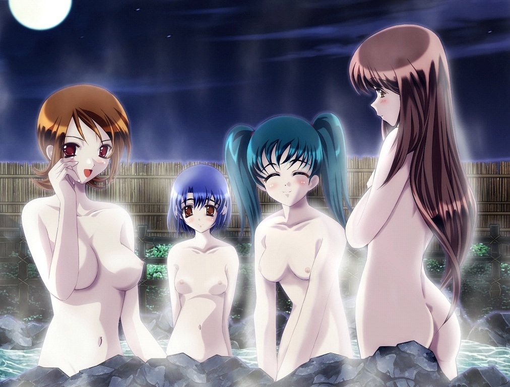 doi shizuha, honjo mikaze, kikuhara karin, nakamura ayamo, stratos 4, 00s, 4girls, aqua hair, ass, back, blue hair, blush, breasts, brown eyes, brown hair, closed eyes, green hair, happy, large breasts, long hair, medium breasts, midriff, moon, multiple girls, navel, nipples, nude, onsen, open mouth, orange hair, red eyes, short hair, small breasts, smile, twintails, yellow eyes