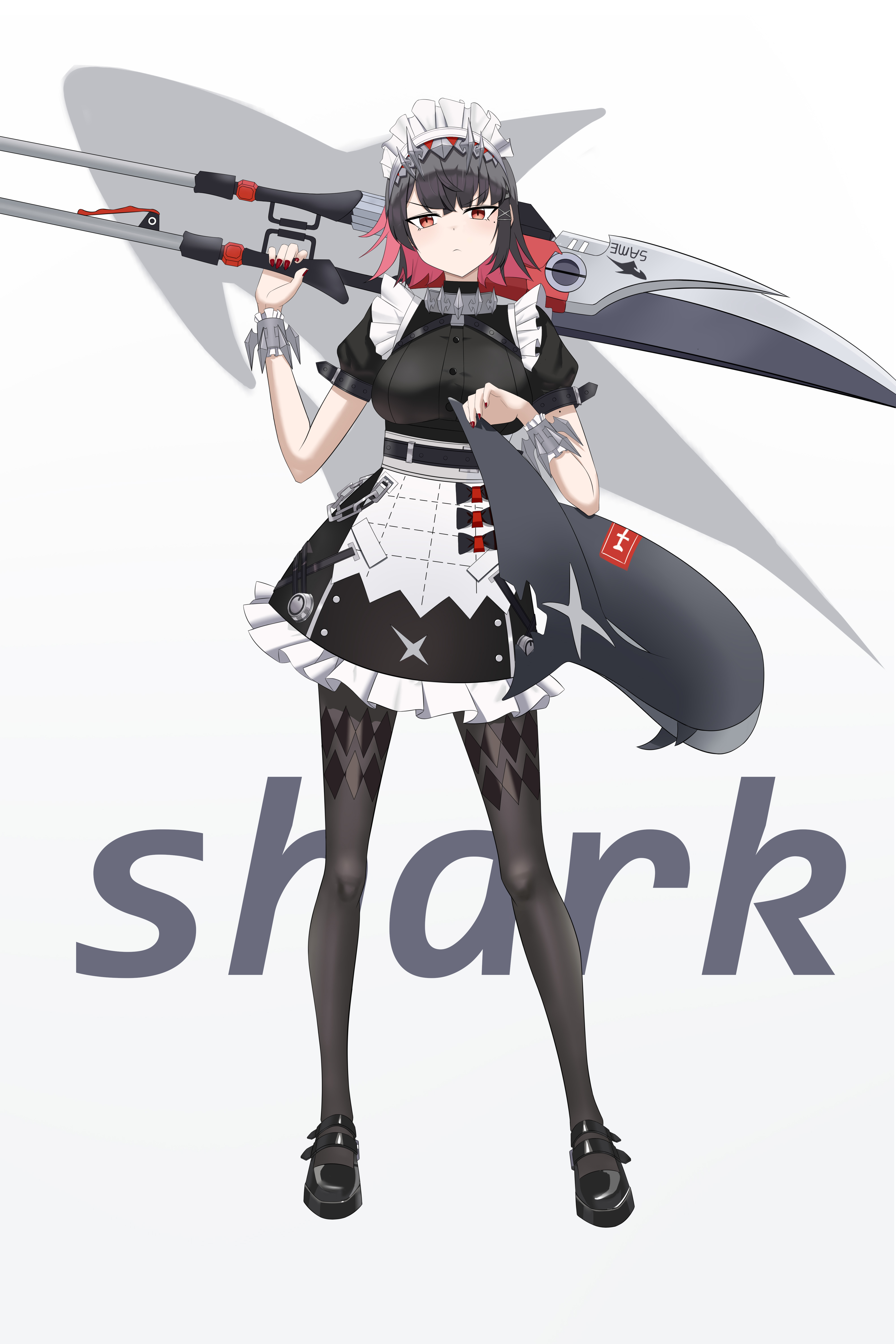 rain sorrow, ellen joe, zenless zone zero, absurdres, highres, 1girl, black hair, breasts, choker, collar, fish tail, hand up, holding, holding weapon, large breasts, looking at viewer, maid, maid headdress, multicolored hair, nail polish, red eyes, red hair, shark girl, shark tail, short hair, simple background, solo, spiked collar, spikes, tail, weapon, white background, wrist cuffs