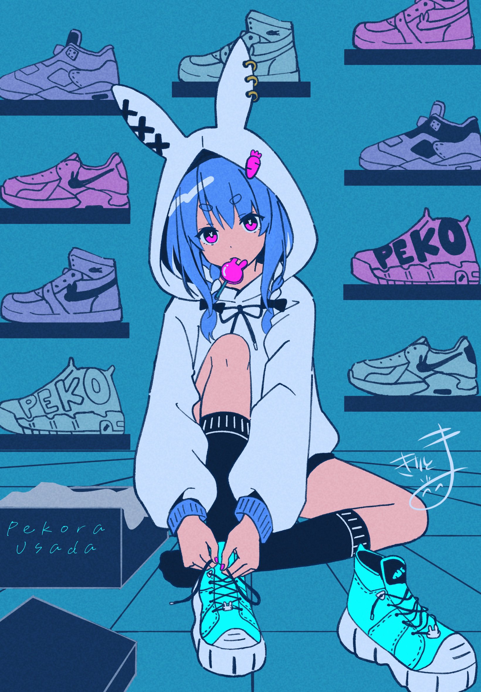 kiritoma, usada pekora, hololive, nike (company), commentary, highres, 1girl, animal ears, animal hood, black bow, black shorts, black socks, blue hair, blue shoes, bow, candy, character name, fake animal ears, food, food in mouth, hair bow, hair over shoulder, hood, hood up, hoodie, knee up, lollipop, long hair, long sleeves, looking at viewer, low twintails, mouth hold, multicolored hair, nail polish, pink shoes, puffy long sleeves, puffy sleeves, purple eyes, purple nails, purple shoes, rabbit ears, rabbit hood, shoes, short eyebrows, shorts, signature, sitting, sleeves past wrists, socks, solo, thick eyebrows, twintails, two-tone hair, unworn shoes, v-shaped eyebrows, virtual youtuber, white hair, white hoodie