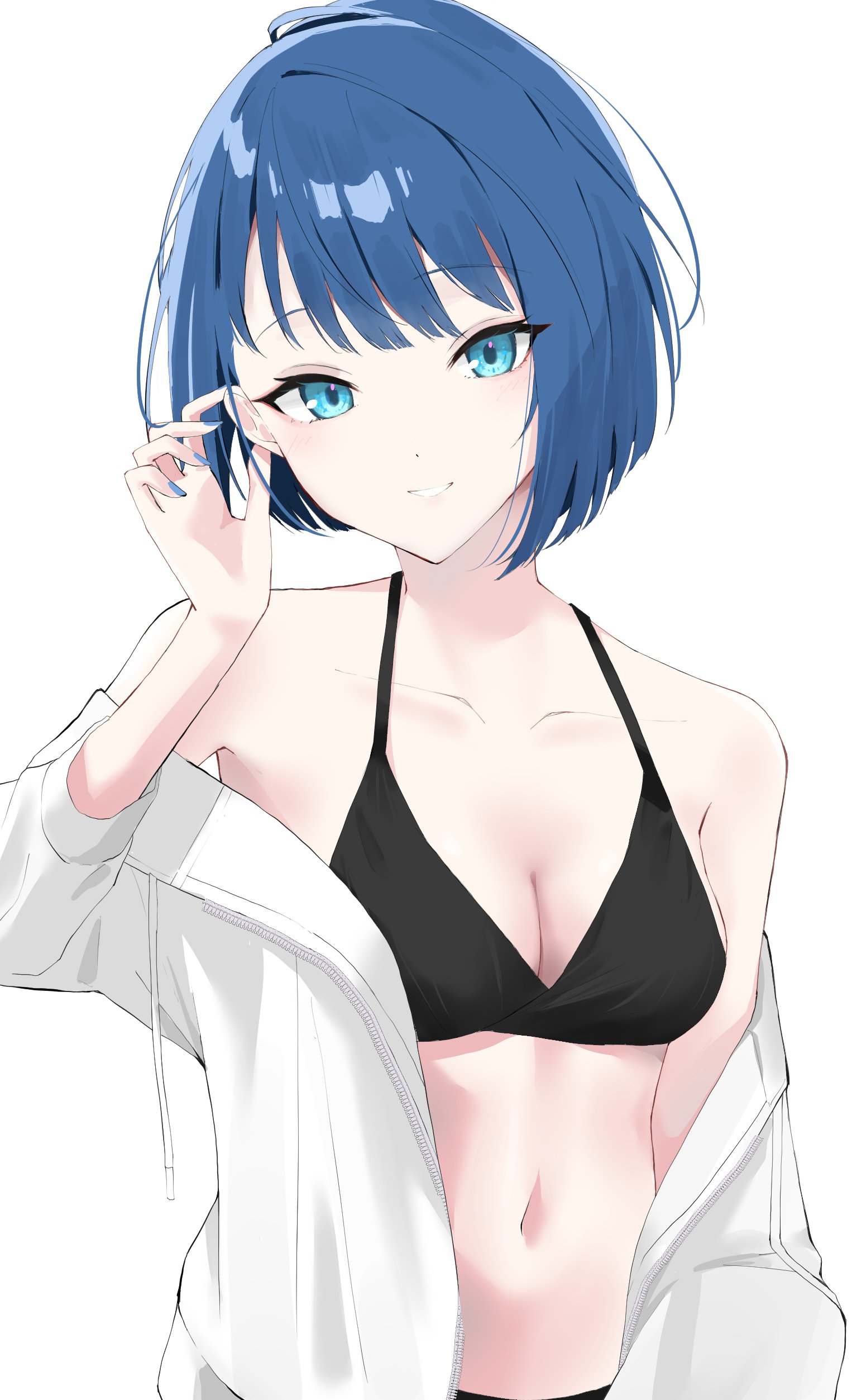black (kbym), kiritani haruka, project sekai, absurdres, commentary, highres, symbol-only commentary, 1girl, arm at side, bare shoulders, bikini, black bikini, blue eyes, blue hair, blue nails, blunt bangs, bob cut, breasts, cleavage, collarbone, dot nose, drawstring, halterneck, hand up, jacket, looking at viewer, nail polish, navel, off shoulder, open clothes, open jacket, parted lips, short hair, sidelocks, simple background, small breasts, smile, solo, stomach, swimsuit, tsurime, tucking hair, unzipped, upper body, white background, white jacket