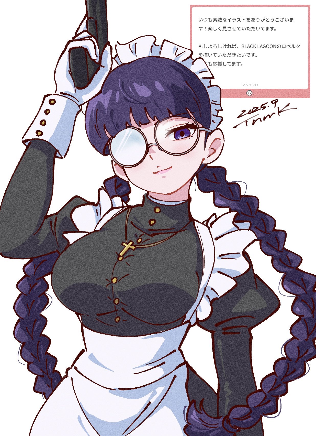 tsunemoku, roberta (black lagoon), black lagoon, highres, 1girl, 2025, apron, black dress, bob cut, braid, breasts, cross, cross necklace, dated, dress, glasses, gold buttons, gun, holding, holding gun, holding weapon, jewelry, large breasts, looking at viewer, maid, maid apron, maid headdress, marshmallow (site), necklace, puffy sleeves, purple eyes, purple hair, round eyewear, simple background, twin braids, weapon, white apron, white background, white sleeve cuffs