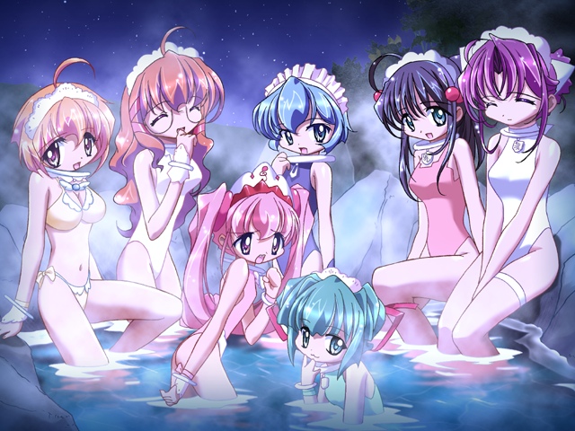 6+girls, bikini, female focus, glasses, maid, multiple girls, swimsuit, water
