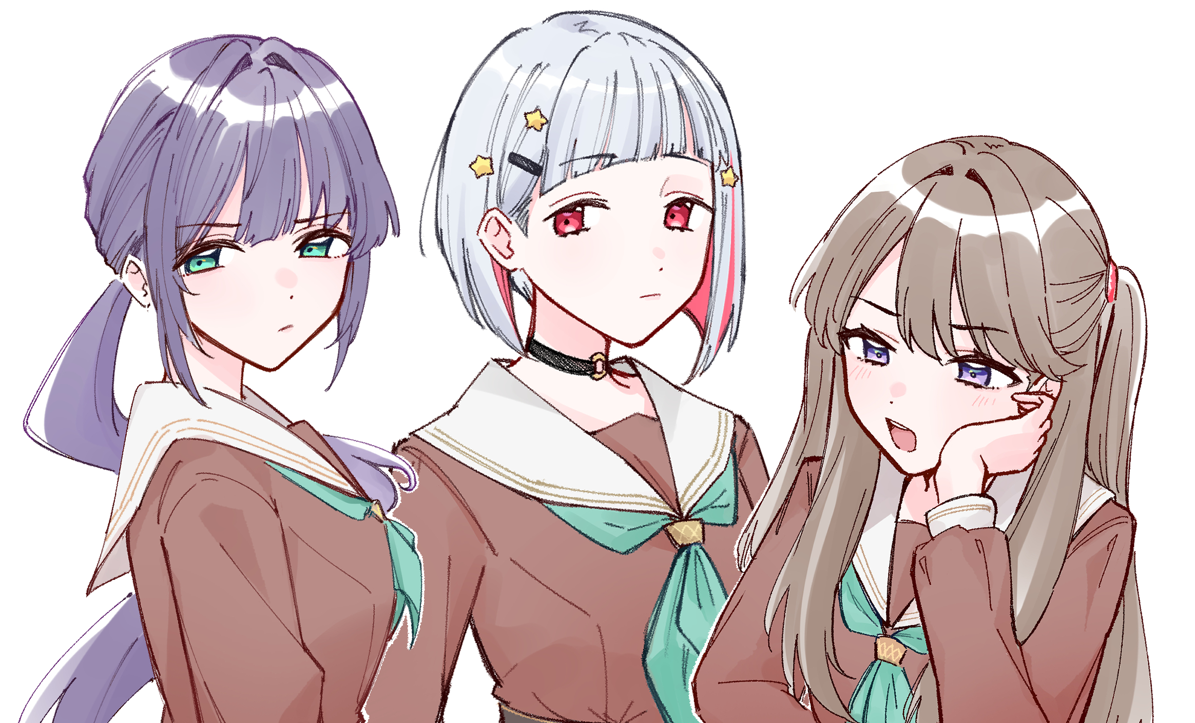 zangemiya, fujishima megumi, otomune kozue, yugiri tsuzuri, link! like! love live!, love live!, commentary, highres, 3girls, aqua neckerchief, averting eyes, black choker, blush, bob cut, breasts, brown hair, choker, closed mouth, colored inner hair, diagonal bangs, dress, green eyes, grey hair, hair intakes, hair ornament, hairclip, hand on own cheek, hand on own face, hasu no sora school uniform, inverted bob, light frown, long hair, long sleeves, looking at another, low ponytail, medium breasts, multicolored hair, multiple girls, neckerchief, o-ring, o-ring choker, official alternate hairstyle, open mouth, ponytail, purple eyes, red eyes, red hair, sailor collar, sailor dress, school uniform, short hair, sidelocks, simple background, star (symbol), star hair ornament, streaked hair, teeth, two-tone hair, two side up, upper body, upper teeth only, virtual youtuber, white background, white sailor collar, winter uniform