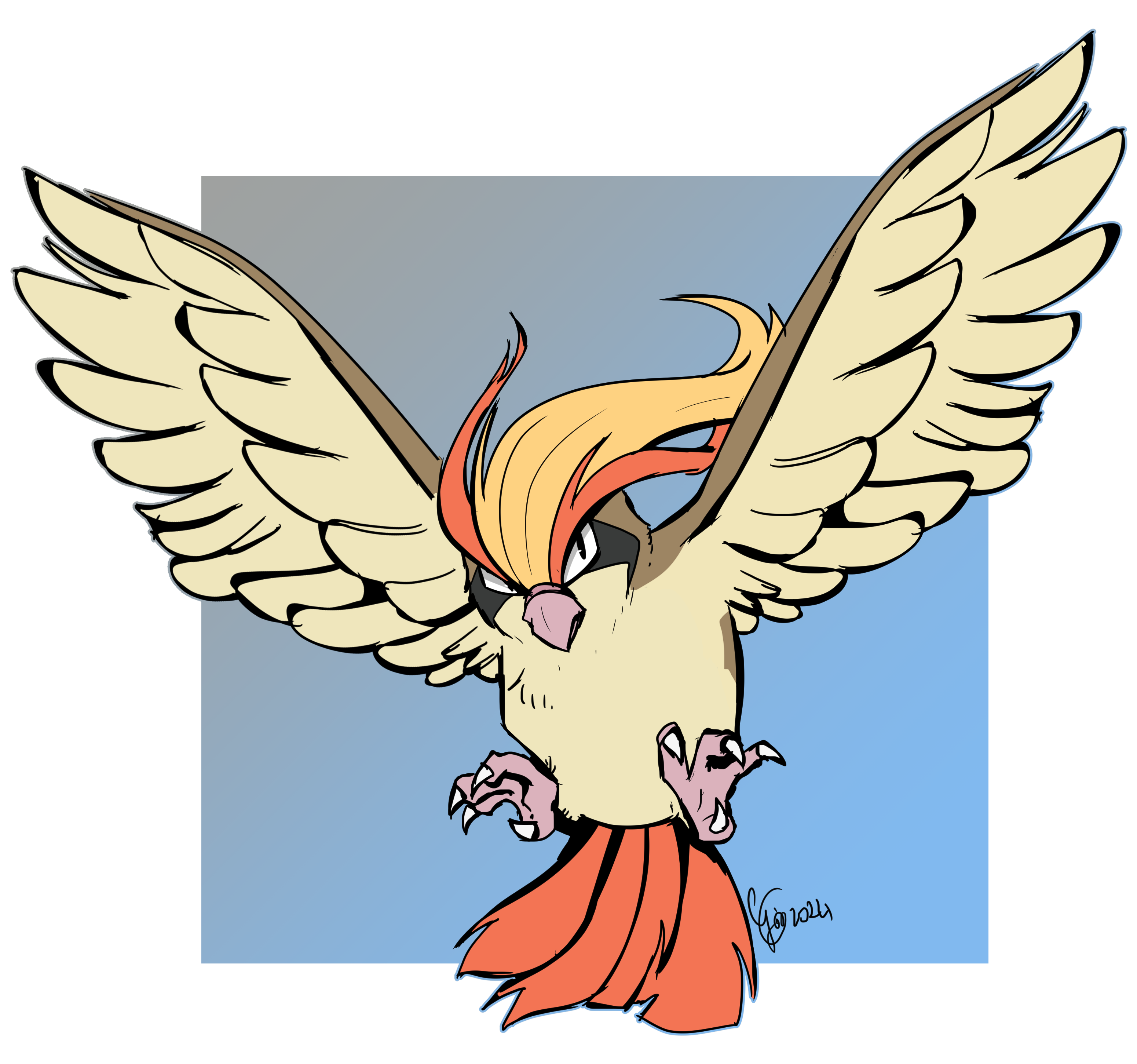 destinywebgio, pidgeot, nintendo, pokemon, absurdres, highres, beak, bird, feathered wings, flying, gen 1 pokemon, looking at viewer, no humans, pokemon (creature), signature, solo, wings