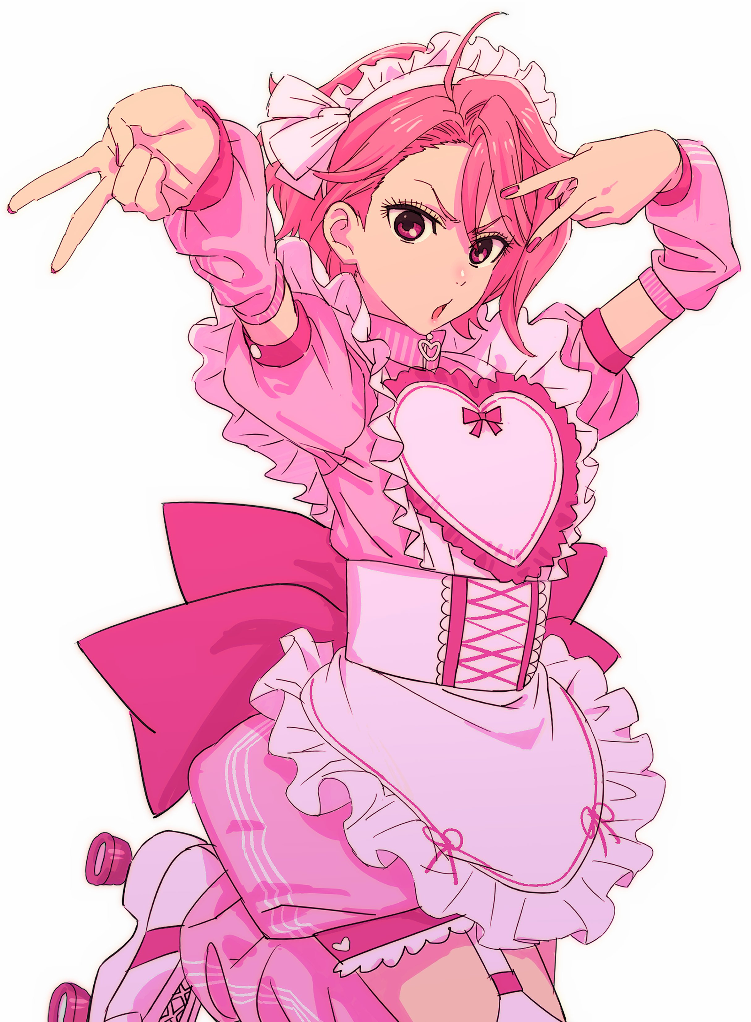 mosh mallow, shiratori aira (dandadan), dandadan, absurdres, highres, 1girl, ahoge, alternate costume, apron, arms up, back bow, bow, corset, cowboy shot, detached sleeves, dress, frilled apron, frills, gyaru v, hair between eyes, heart apron, leg up, loose socks, maid, maid apron, maid headdress, parted lips, pink bow, pink dress, pink eyes, pink hair, pink nails, pink sleeves, pink socks, roller skates, short hair, simple background, skates, socks, turtleneck, turtleneck dress, unconventional maid, v, v-shaped eyebrows, white background, white corset