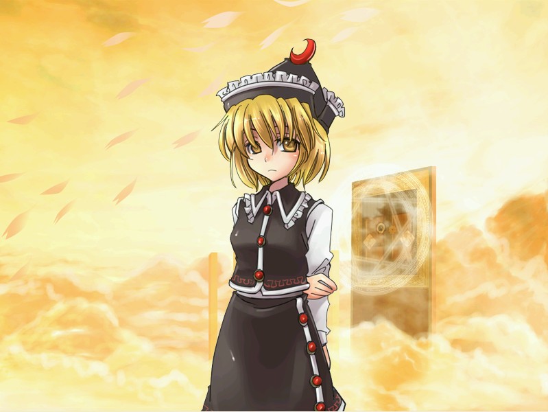 lunasa prismriver, touhou, 1girl, blonde hair, cloud, female focus, hat, outdoors, petals, skirt, sky, solo, yellow eyes