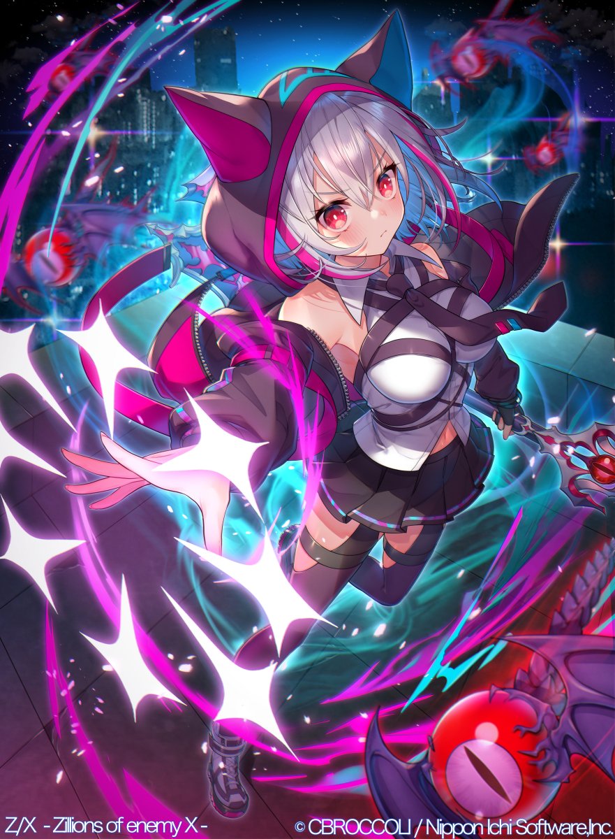 kt. (kaisou-notagui), z/x, highres, official art, 1girl, animal ear hood, aura, bare shoulders, black gloves, black jacket, black necktie, black skirt, black thighhighs, blue hair, breasts, colored inner hair, copyright notice, fake animal ears, fingerless gloves, gloves, grey hair, holding, holding weapon, hood, hood up, hooded jacket, jacket, monster, multicolored hair, navel, necktie, night, open clothes, open jacket, outdoors, red eyes, shirt, shoes, skirt, sleeveless, sleeveless shirt, solo, sparkle, thighhighs, weapon, white shirt, yato urara