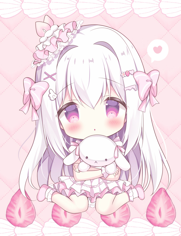 azumi kazuki, original, commentary request, 1girl, :o, blush, bow, chibi, dress, food, frilled socks, frills, fruit, full body, hair between eyes, hair bow, hair intakes, hair ornament, hairclip, heart, hugging object, long hair, looking at viewer, parted lips, pink bow, pink shoes, purple eyes, shoes, sitting, socks, solo, spoken heart, strawberry, striped bow, stuffed animal, stuffed rabbit, stuffed toy, very long hair, wariza, white dress, white hair, white socks, wing hair ornament, x hair ornament