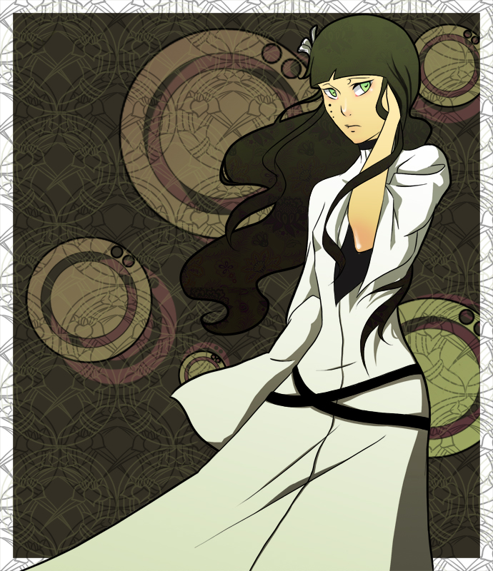 cyan sung-sun, bleach, artist request, 00s, 1girl, adjusting hair, alternate eye color, arrancar, blunt bangs, expressionless, facial mark, female focus, green eyes, green hair, long hair, long sleeves, matching hair/eyes, sleeves past wrists, solo