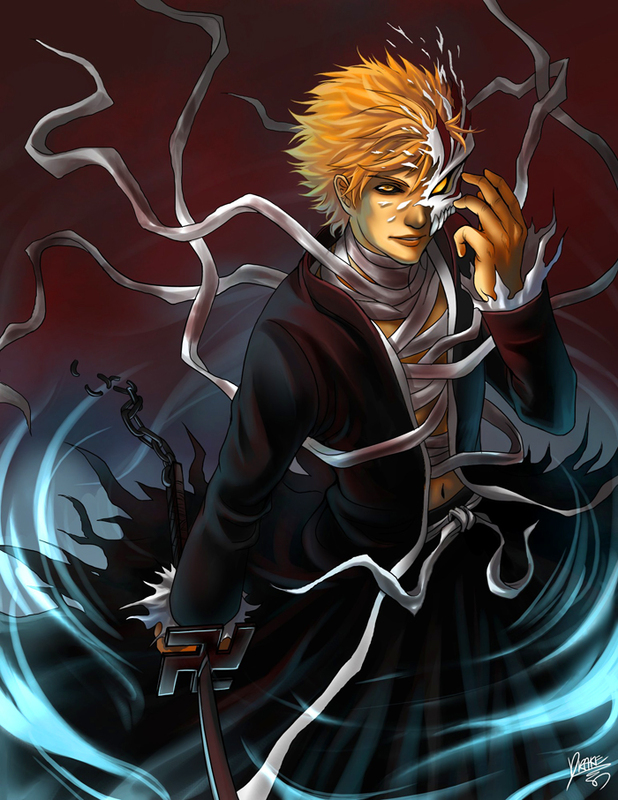 kurosaki ichigo, shirosaki hichigo, bleach, 00s, bandages, bankai, black sclera, colored sclera, male focus, orange hair, skull, solo, sword, weapon