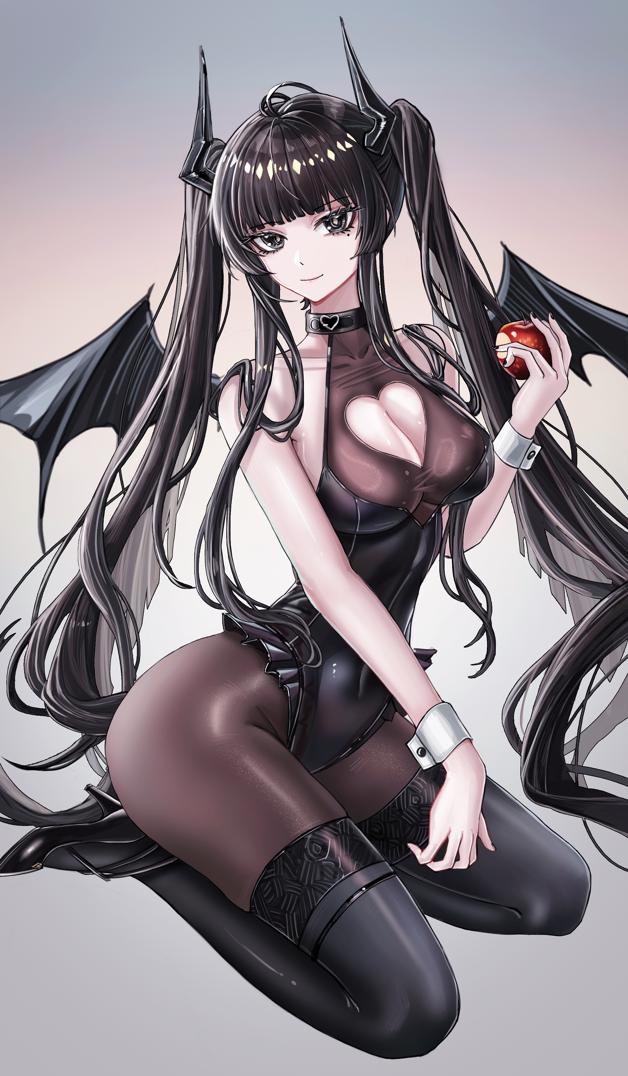 minuolin, virtuosa (arknights), arknights, absurdres, commentary request, highres, 1girl, alternate breast size (larger), alternate costume, apple, black eyes, black hair, black leotard, black pantyhose, black wings, breasts, cleavage, cleavage cutout, clothing cutout, demon horns, demon wings, food, fruit, heart cutout, high heels, holding, holding food, holding fruit, horns, large breasts, leotard, long hair, pantyhose, seiza, sitting, smile, solo, very long hair, wings