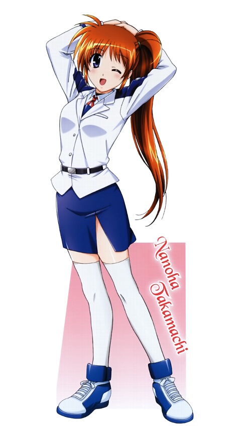 takamachi nanoha, lyrical nanoha, mahou shoujo lyrical nanoha, mahou shoujo lyrical nanoha strikers, 00s, 1girl, blue eyes, brown hair, character name, female focus, military, military uniform, one eye closed, ponytail, purple eyes, red hair, side ponytail, solo, thighhighs, wink, zettai ryouiki