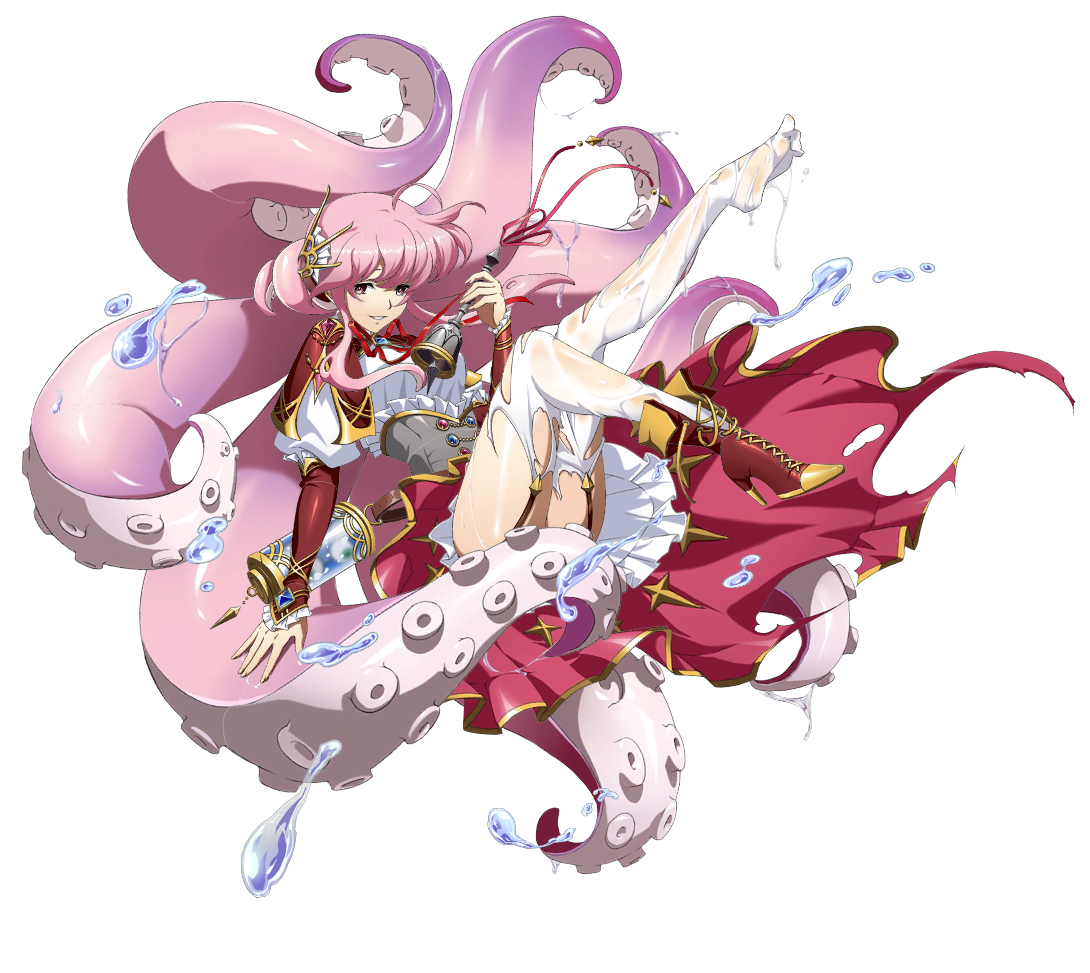 almeda, langrisser, langrisser mobile, game cg, official art, third-party source, 1girl, alternate costume, bell, boots, corset, dress, full body, garter straps, hair between eyes, hair ornament, high heel boots, high heels, holding, holding bell, leg up, legs, liquid, looking at viewer, naughty face, official alternate costume, parted lips, pink eyes, pink hair, puffy sleeves, red boots, shoes, single shoe, slime (substance), slimy, smile, solo, suction cups, tentacles, thighhighs, torn clothes, torn dress, torn thighhighs, transparent background, wet, wet clothes, wet pantyhose, white thighhighs