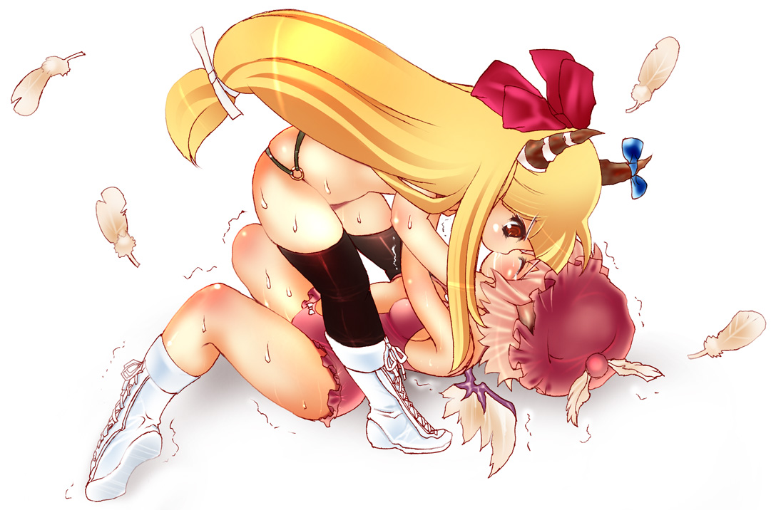 dei shirou, ibuki suika, mystia lorelei, touhou, 2girls, female focus, hat, horns, kiss, long hair, multiple girls, short hair, simple background, white background, wings, yuri
