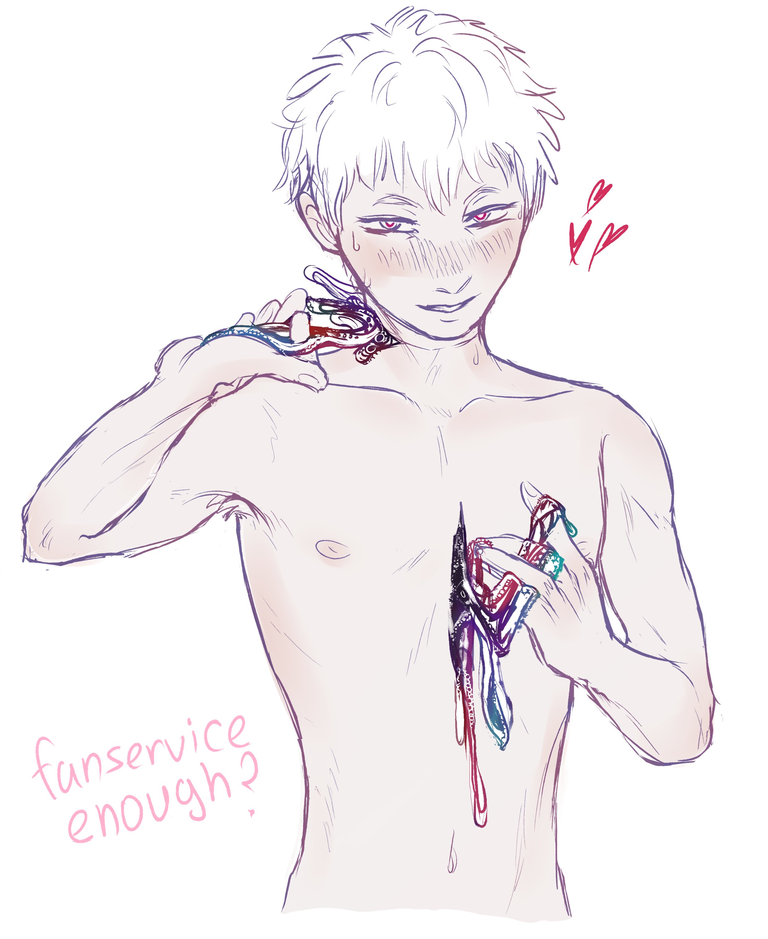indou hikaru, hikaru ga shinda natsu, absurdres, commentary, english commentary, highres, 1boy, armpit hair, blush, body horror, collarbone, cropped torso, english text, heart, looking at viewer, male focus, navel, neka4am, nipples, nude, red pupils, short hair, simple background, solo, upper body, white background, white hair