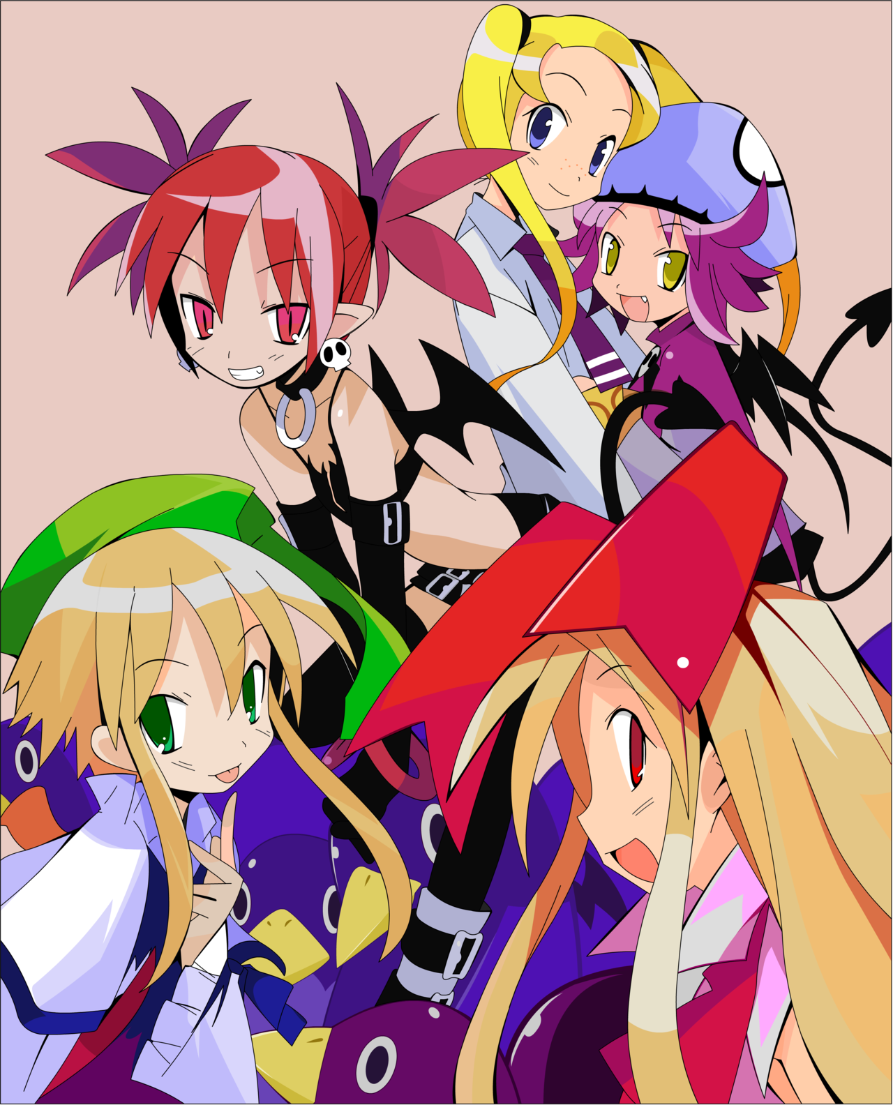 etna (disgaea), flonne, flonne (fallen angel), ozonne, ozonne (disgaea), prinny, shas, shas (disgaea), disgaea, nippon ichi, highres, 5girls, bare shoulders, bat wings, beret, blonde hair, collarbone, green eyes, green hair, hat, long hair, looking at viewer, multiple girls, purple hair, red eyes, short hair, siblings, sidelocks, sisters, twintails, very long hair, wings
