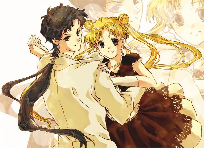 fragrant olive, mei kurumi (fragrant olive), kou seiya, seiya kou, tsukino usagi, bishoujo senshi sailor moon, bishoujo senshi sailor moon sailor stars, bishoujo senshi sailor moon stars, 1990s (style), 1boy, 1girl, black eyes, blonde hair, brown hair, couple, dancing, dress, formal clothes, jewelry, necklace, ponytail, retro artstyle, sepia, twintails