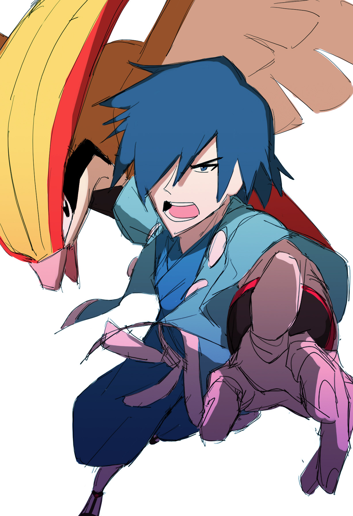 falkner (pokemon), pidgeot, nintendo, pokemon, pokemon hgss, highres, 1boy, beak, bird, blue eyes, blue hair, blue hakama, blue haori, blue jacket, gen 1 pokemon, hair over one eye, hakama, haori, hpe24, jacket, japanese clothes, open clothes, open jacket, open mouth, pokemon (creature), short hair, short sleeves, simple background, solo, teeth, white background