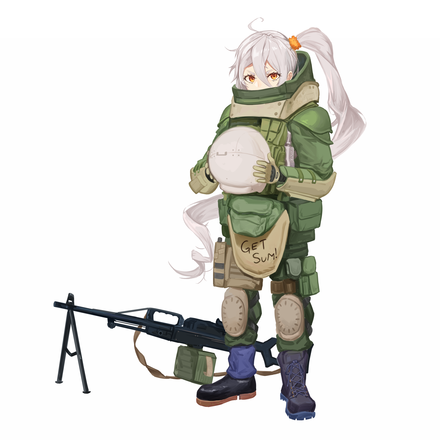 yao yang, juggernaut (call of duty), pkp (girls' frontline), call of duty, call of duty: modern warfare 2, girls' frontline, highres, 1girl, armor, bipod, english text, gloves, gun, hair between eyes, helmet, knee pads, long hair, looking at viewer, machine gun, side ponytail, weapon, yellow eyes