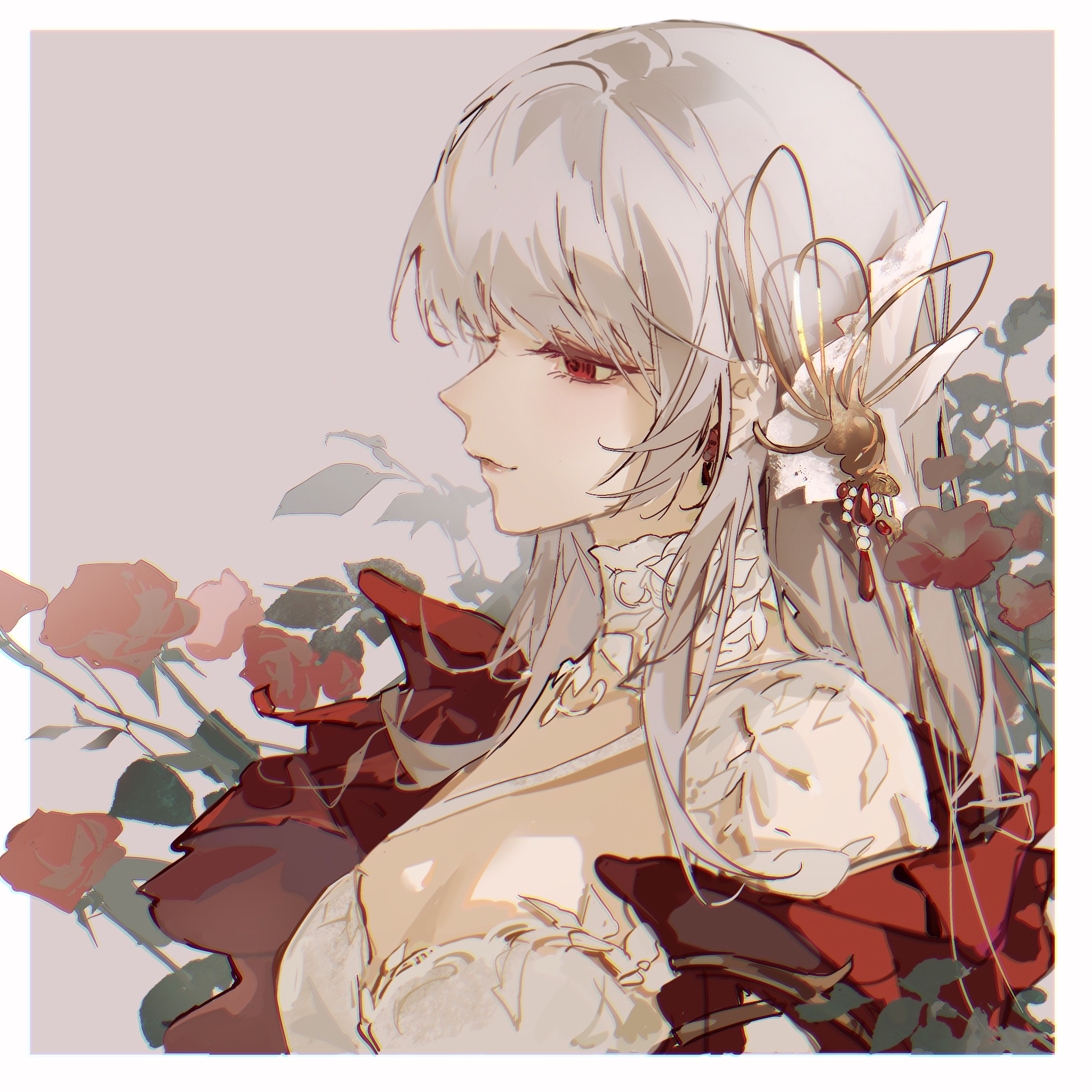 sia di gou, coquelic (path to nowhere), coquelic (scarlet whispers) (path to nowhere), path to nowhere, chinese commentary, commentary request, highres, 1girl, border, breasts, cleavage, earrings, flower, flower earrings, from side, hair ornament, jewelry, leaf, long hair, looking ahead, name connection, object namesake, official alternate costume, outside border, pink background, poppy (flower), profile, red eyes, red flower, simple background, smile, solo, thorns, upper body, white border, white hair