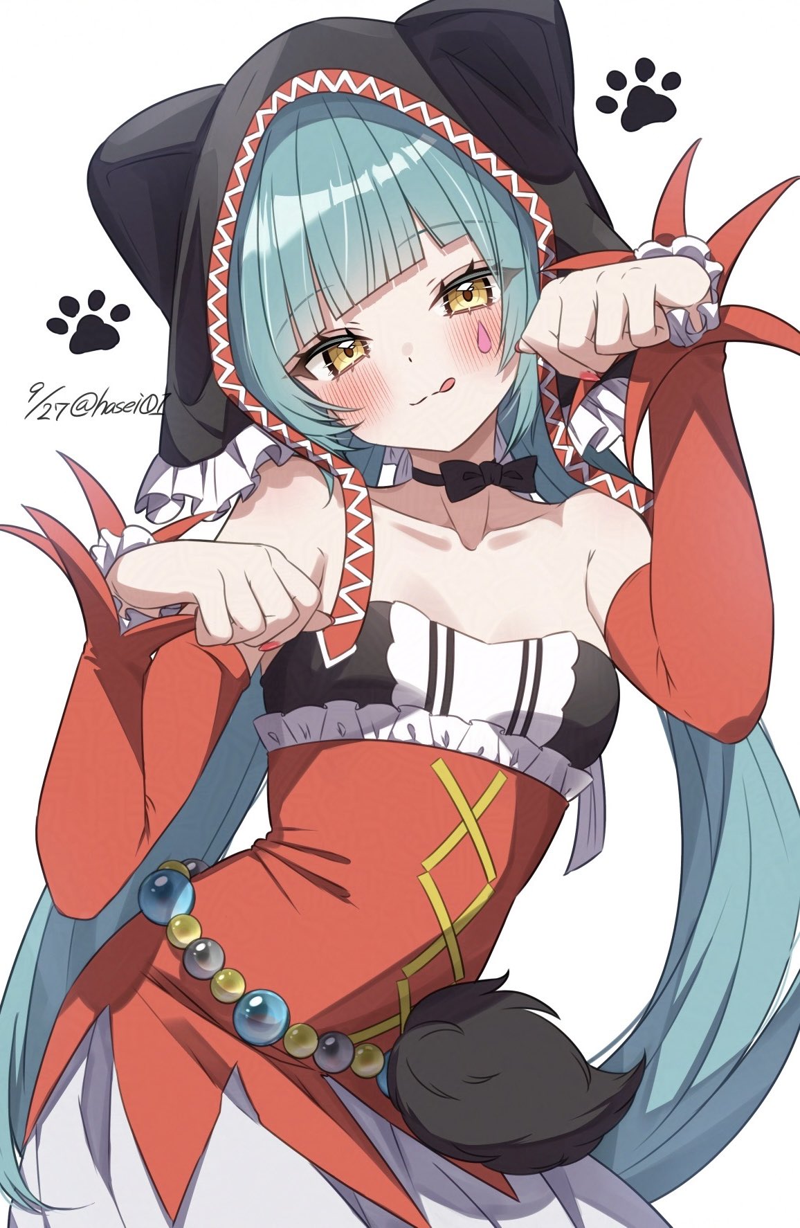 hasei (hasei01), hatsune miku, hatsune miku (pierretta), cat food (vocaloid), project diva (series), vocaloid, hashtag-only commentary, highres, 1girl, :q, animal ears, animal hat, aqua hair, bare shoulders, black choker, black dress, black hat, black ribbon, blunt bangs, blush, breasts, cat hat, center frills, choker, collarbone, contrapposto, cowboy shot, dated, detached sleeves, diagonal bangs, dress, fake animal ears, frilled dress, frilled hat, frilled sleeves, frills, hands up, hat, layered dress, licking lips, long hair, long sleeves, looking at viewer, low twintails, paw pose, paw print, red sleeves, ribbon, sidelocks, simple background, skirt, small breasts, solo, standing, strapless, strapless dress, teardrop facial mark, tongue, tongue out, twintails, twitter username, very long hair, white background, white skirt, yellow eyes