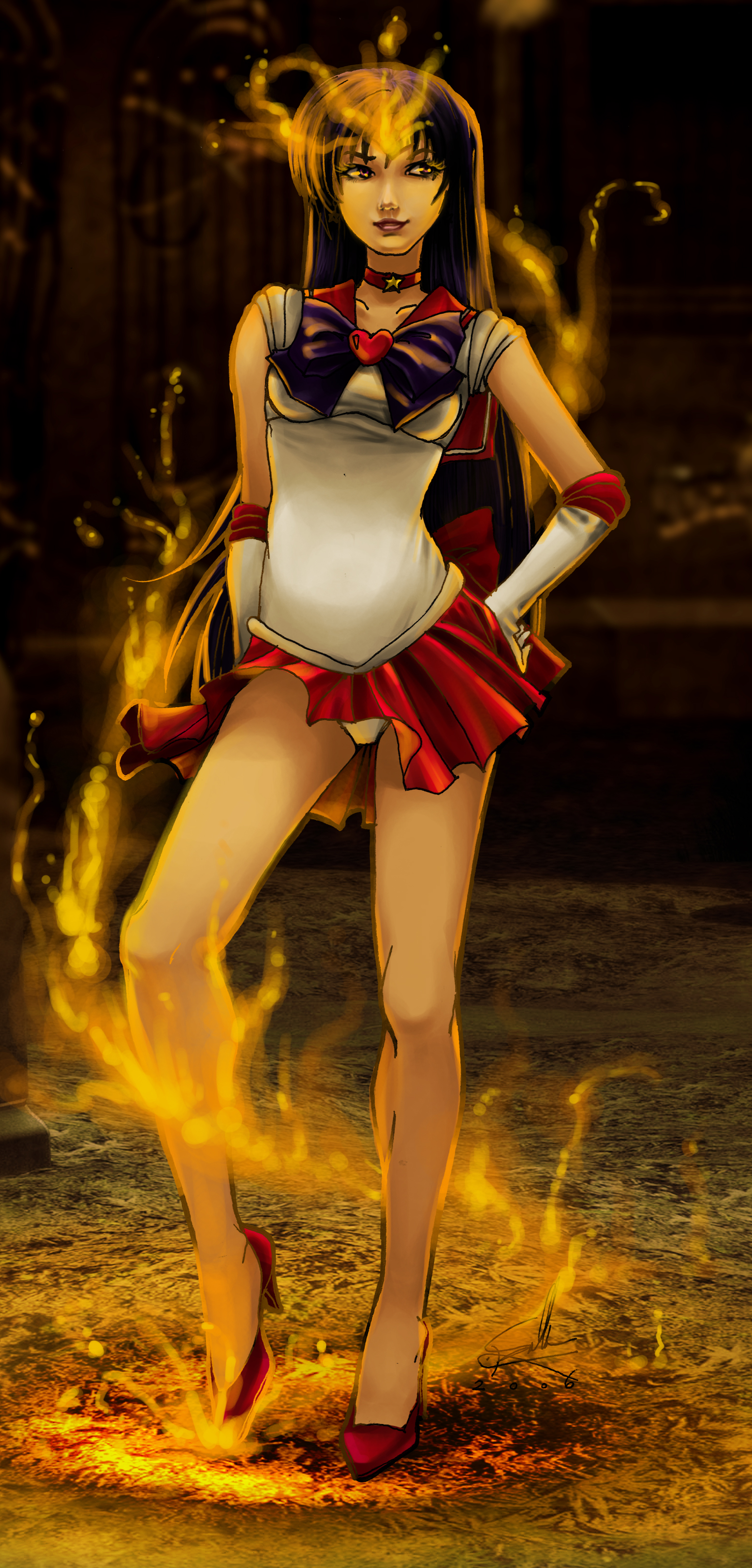 ladyfish, hino rei, sailor mars, super sailor mars, bishoujo senshi sailor moon, absurdres, highres, 1990s (style), 1girl, black hair, brooch, choker, elbow gloves, female focus, fire, gloves, heart, heart brooch, high heels, jewelry, legs, long hair, magic, magical girl, realistic, red skirt, retro artstyle, shoes, skirt, solo, tiara, very long hair, wind, wind lift