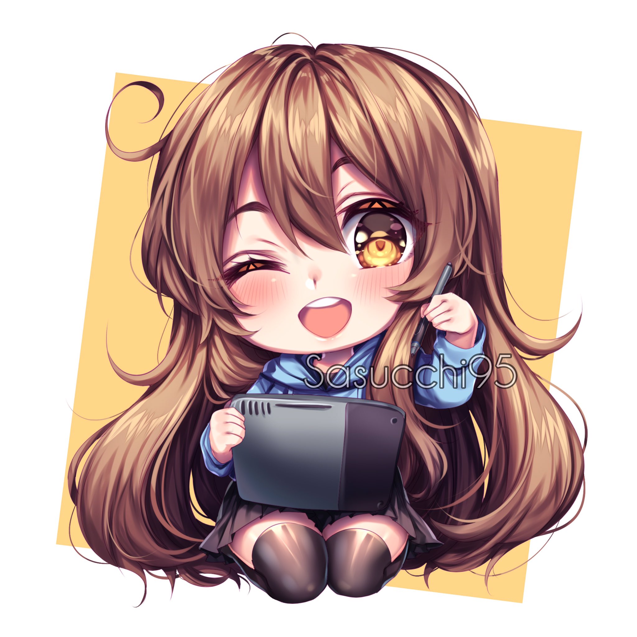 sasucchi95, original, commentary, english commentary, highres, 1girl, ;d, absurdly long hair, artist name, artist self-insert, black skirt, black thighhighs, blue hoodie, blush, border, brown hair, chibi, chibi only, cowlick, double-parted bangs, drawing tablet, full body, hair between eyes, hand up, holding, holding drawing tablet, holding stylus, hood, hood down, hoodie, long hair, long sleeves, looking at viewer, miniskirt, one eye closed, open mouth, orange background, outside border, pleated skirt, puffy long sleeves, puffy sleeves, round teeth, sasu (sasucchi95), simple background, sitting, skirt, smile, solo, stylus, teeth, thighhighs, upper teeth only, very long hair, wariza, white border, yellow eyes, zettai ryouiki