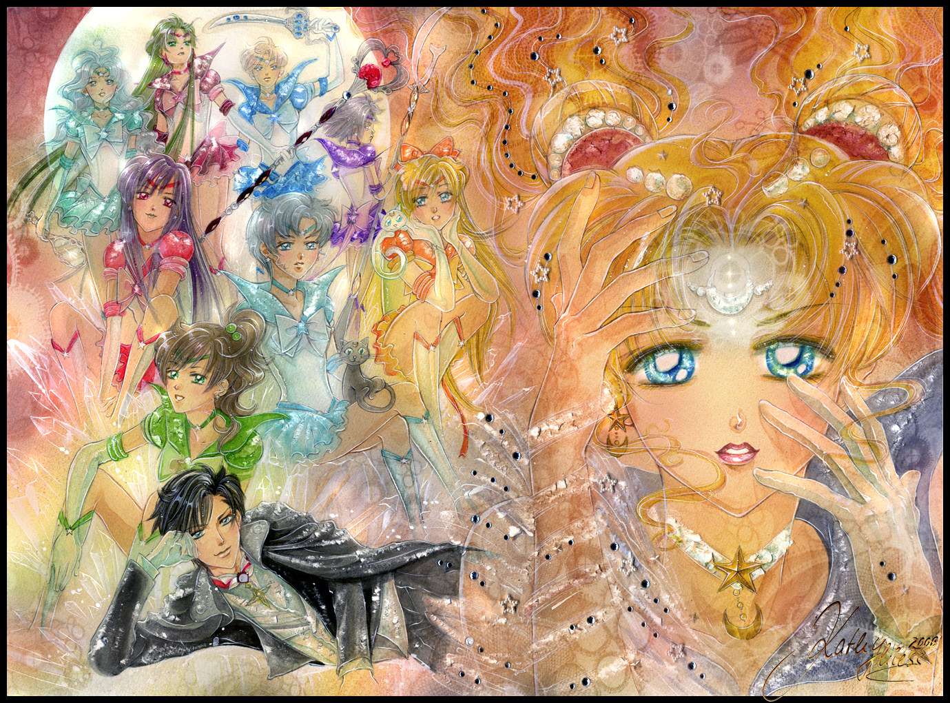 soichiru-alan, yaichino, aino minako, artemis (sailor moon), chiba mamoru, eternal sailor moon, hino rei, kaiou michiru, kino makoto, luna (sailor moon), meiou setsuna, mizuno ami, sailor jupiter, sailor mars, sailor mercury, sailor moon, sailor neptune, sailor pluto, sailor saturn, sailor uranus, sailor venus, super sailor jupiter (stars), super sailor mars (stars), super sailor mercury (stars), super sailor neptune (stars), super sailor pluto (stars), super sailor saturn (stars), super sailor uranus (stars), super sailor venus (stars), ten'ou haruka, tomoe hotaru, tsukino usagi, tuxedo kamen, bishoujo senshi sailor moon, bishoujo senshi sailor moon sailor stars, bishoujo senshi sailor moon stars, bad deviantart id, bad id, traditional media, 00s, 1990s (style), 1boy, 2008, 6+girls, black cat, blue sailor collar, blue skirt, brooch, cat, choker, crescent, crescent facial mark, deep aqua mirror, facial mark, full moon, garnet rod, glaive (polearm), holding, holding polearm, holding spear, holding weapon, jewelry, magical girl, mirror, moon, multiple girls, polearm, retro artstyle, sailor collar, sailor senshi, silence glaive, skirt, space sword, spear, star brooch, sword, tuxedo, weapon, white choker