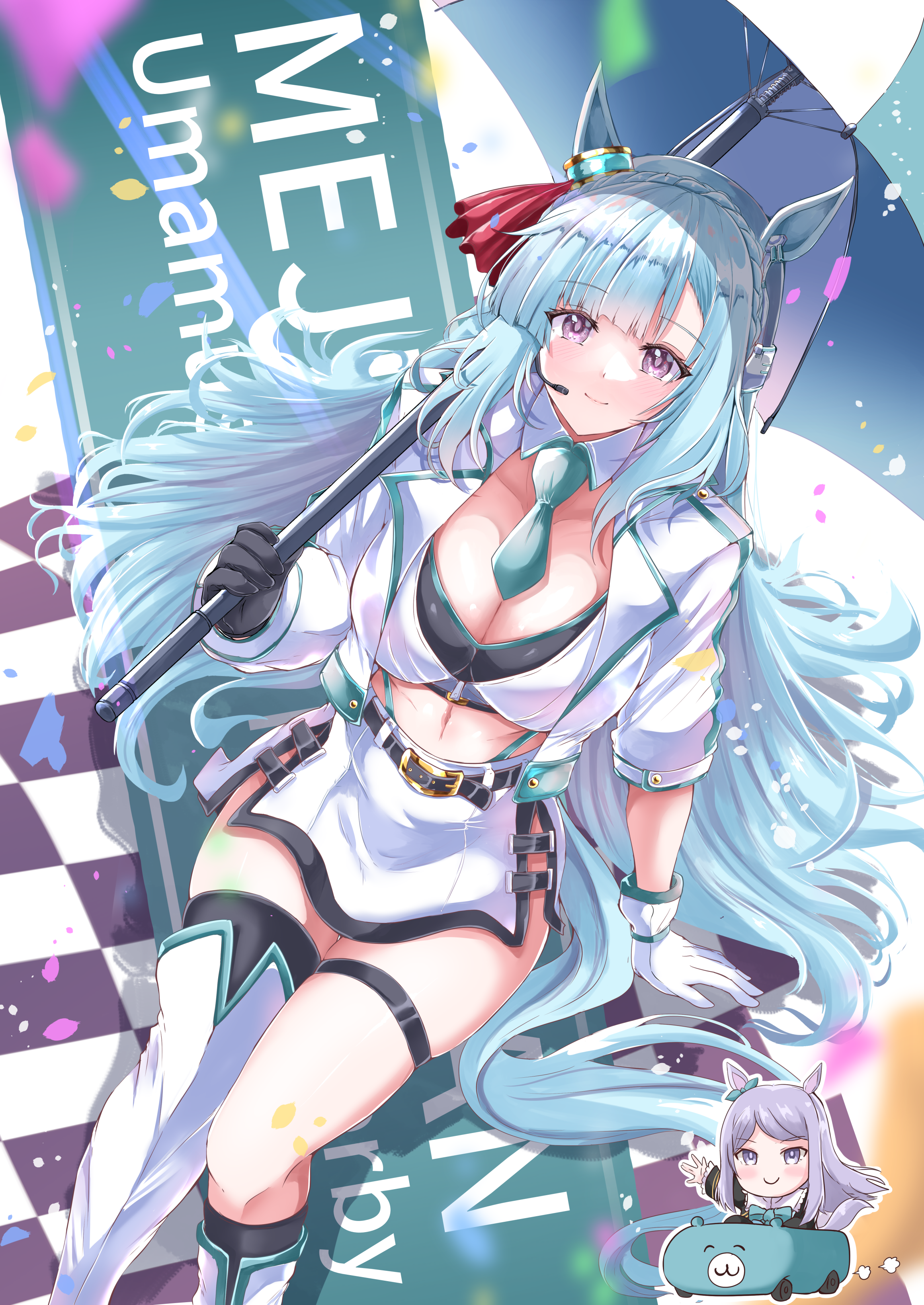 kentan (kingtaiki), mejiro ardan (umamusume), mejiro mcqueen (umamusume), umamusume, absurdres, highres, 1girl, 2girls, animal ears, aqua eyes, aqua necktie, breasts, horse ears, horse girl, horse tail, multiple girls, navel, necktie, purple eyes, race queen, short necktie, tail