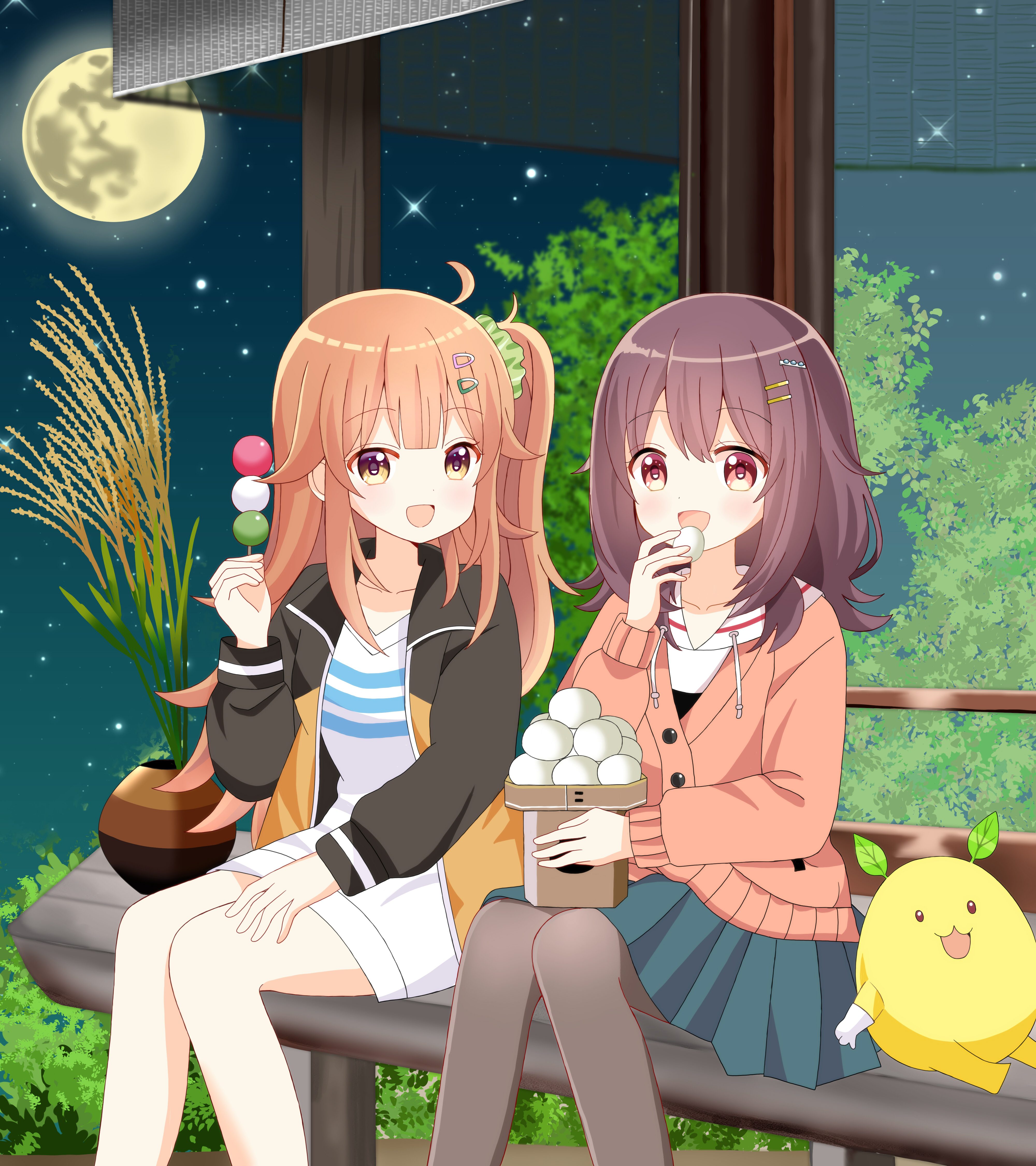 ryoutan, kawai mako, ogawa shinon, hibi wa sugiredo meshi umashi, absurdres, commentary request, commission, highres, pixiv commission, 2girls, :d, black jacket, blue skirt, brown hair, brown jacket, brown pantyhose, dango, drawstring, dress, feet out of frame, food, full moon, hair between eyes, hair ornament, hairclip, holding, holding food, jacket, long hair, long sleeves, moon, multiple girls, night, night sky, one side up, open clothes, open jacket, open mouth, pantyhose, pleated skirt, puffy long sleeves, puffy sleeves, red eyes, sailor collar, sanshoku dango, shirt, sitting, skirt, sky, smile, star (sky), starry sky, tsukimi, wagashi, white dress, white sailor collar, white shirt