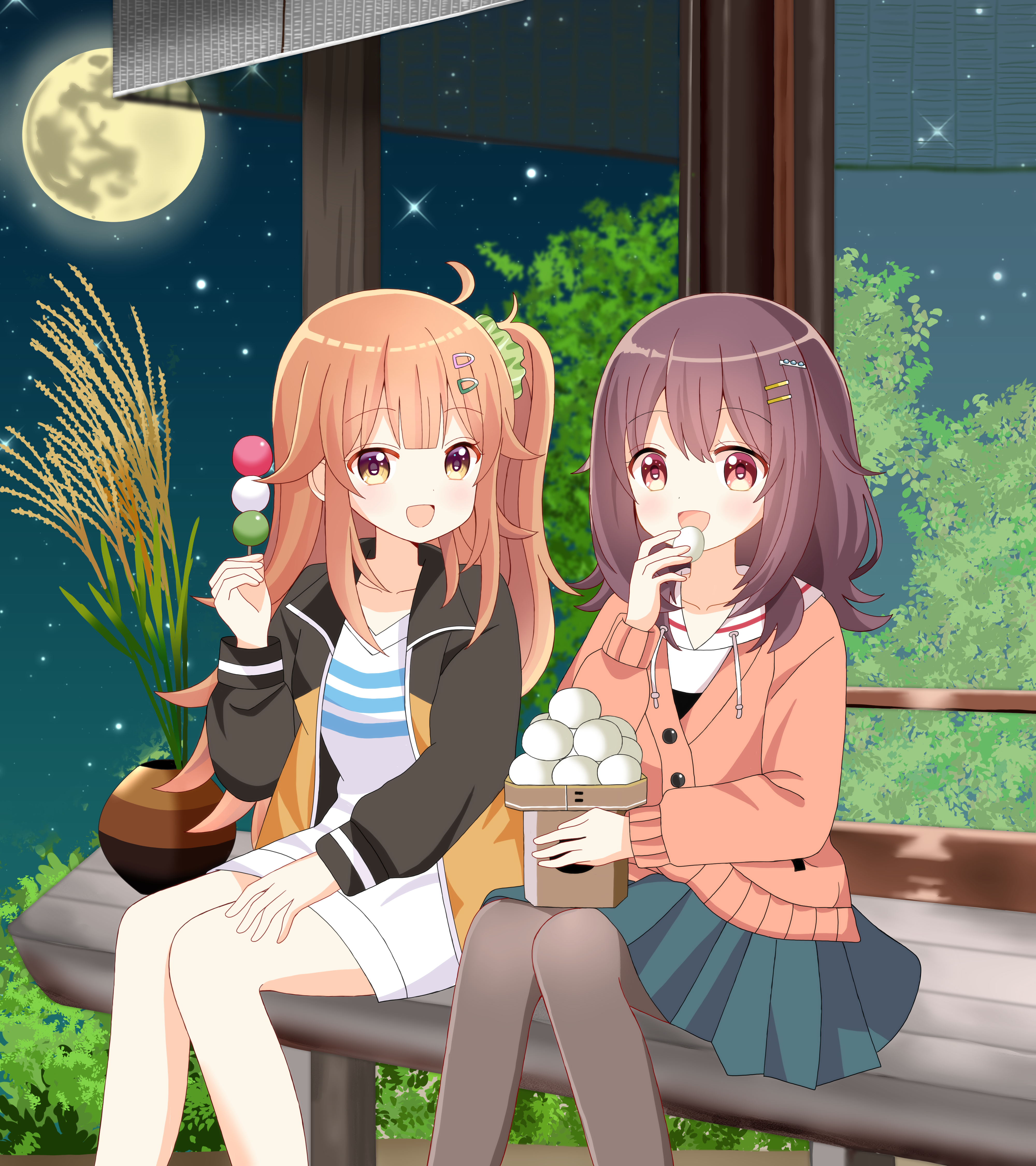 ryoutan, kawai mako, ogawa shinon, hibi wa sugiredo meshi umashi, absurdres, commission, highres, pixiv commission, 2girls, :d, black jacket, blue skirt, brown hair, brown jacket, brown pantyhose, dango, drawstring, dress, feet out of frame, food, full moon, hair between eyes, hair ornament, hairclip, holding, holding food, jacket, long hair, long sleeves, moon, multiple girls, night, night sky, one side up, open clothes, open jacket, open mouth, pantyhose, pleated skirt, puffy long sleeves, puffy sleeves, red eyes, sailor collar, sanshoku dango, shirt, sitting, skirt, sky, smile, star (sky), starry sky, tsukimi, wagashi, white dress, white sailor collar, white shirt