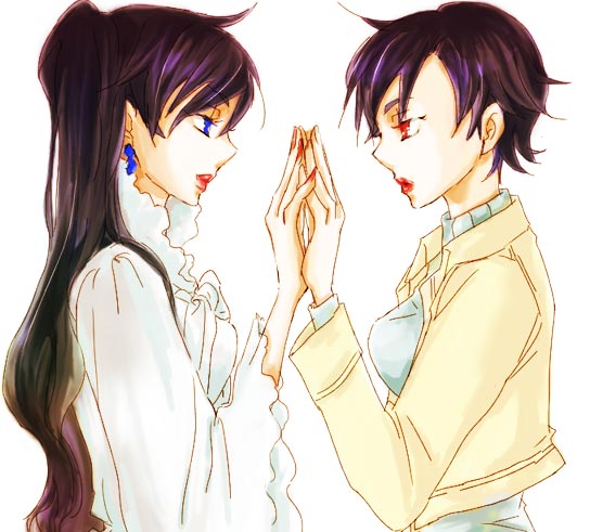 diva, diva (blood+), otonashi saya, blood+, non-web source, 00s, 2girls, black hair, blue eyes, earrings, eye contact, holding hands, jacket, jewelry, lipstick, long hair, looking at another, makeup, multiple girls, ponytail, red eyes, short hair, siblings, sisters, turtleneck