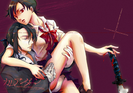 10-shion, hagi (blood+), otonashi saya, blood+, lowres, 00s, 1boy, 1girl, bandages, black hair, blood, blue eyes, bow, carrying, couple, cuts, formal clothes, hetero, injury, katana, leg grab, leg lift, panties, pantyshot, ponytail, red eyes, ribbon, short hair, sidelocks, suit, sword, underwear, vampire, weapon